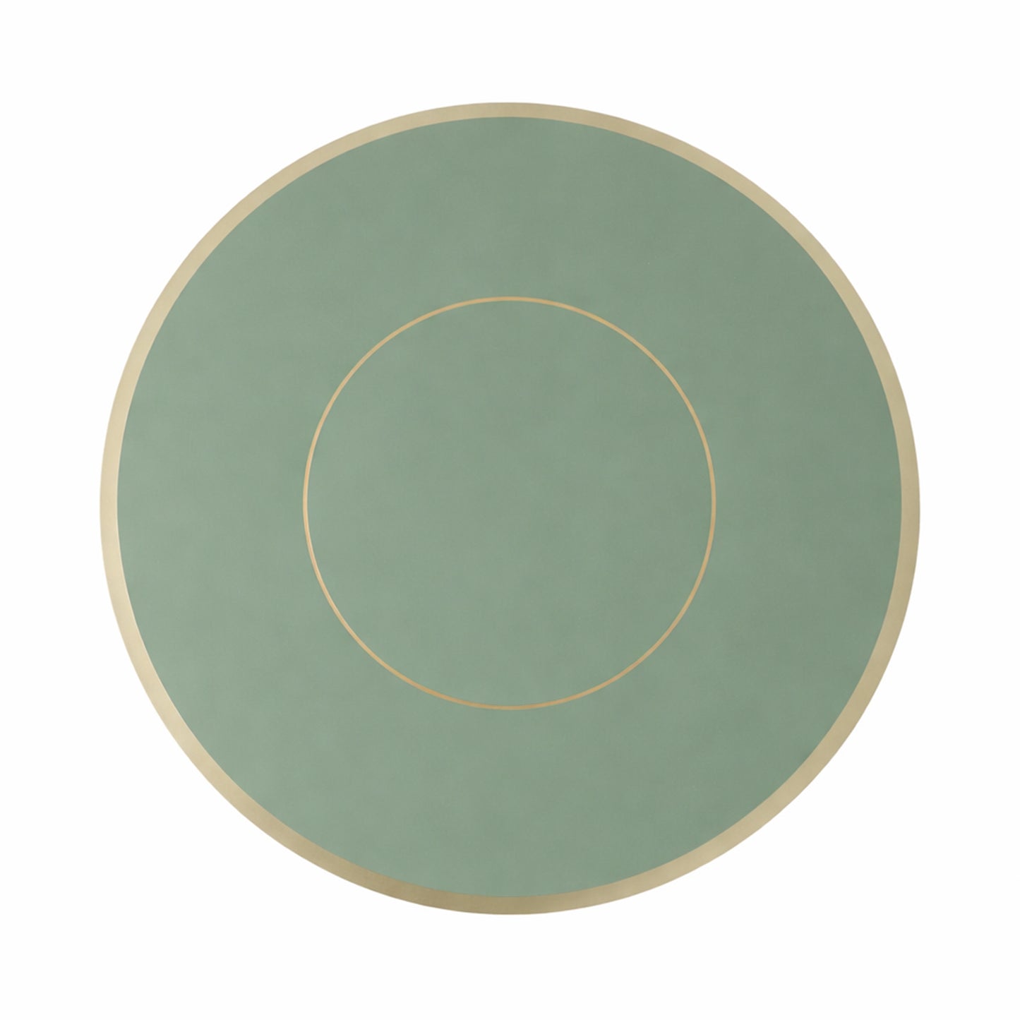 Sage green round disposable table placemat with gold rim.