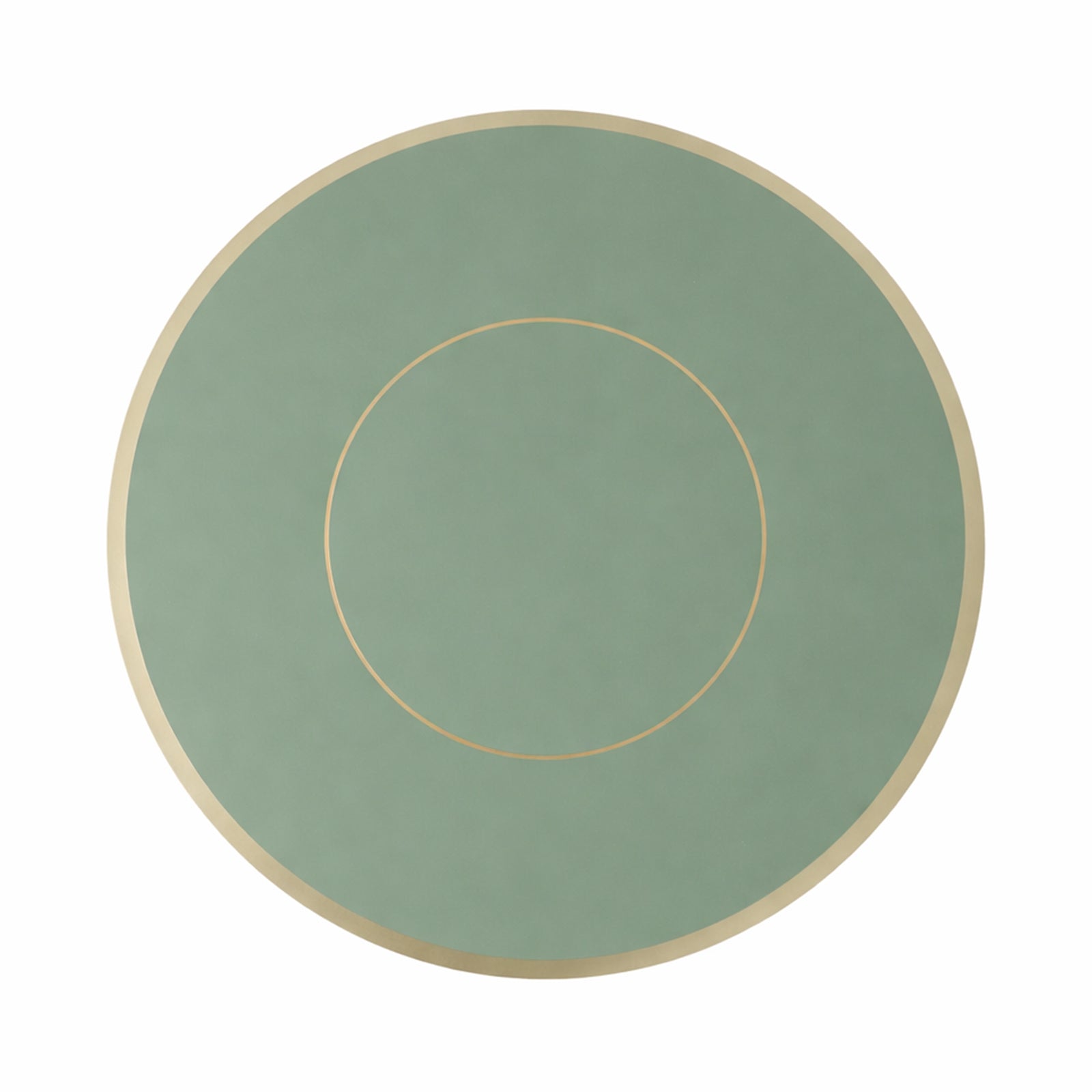 Sage green round disposable table placemat with gold rim.