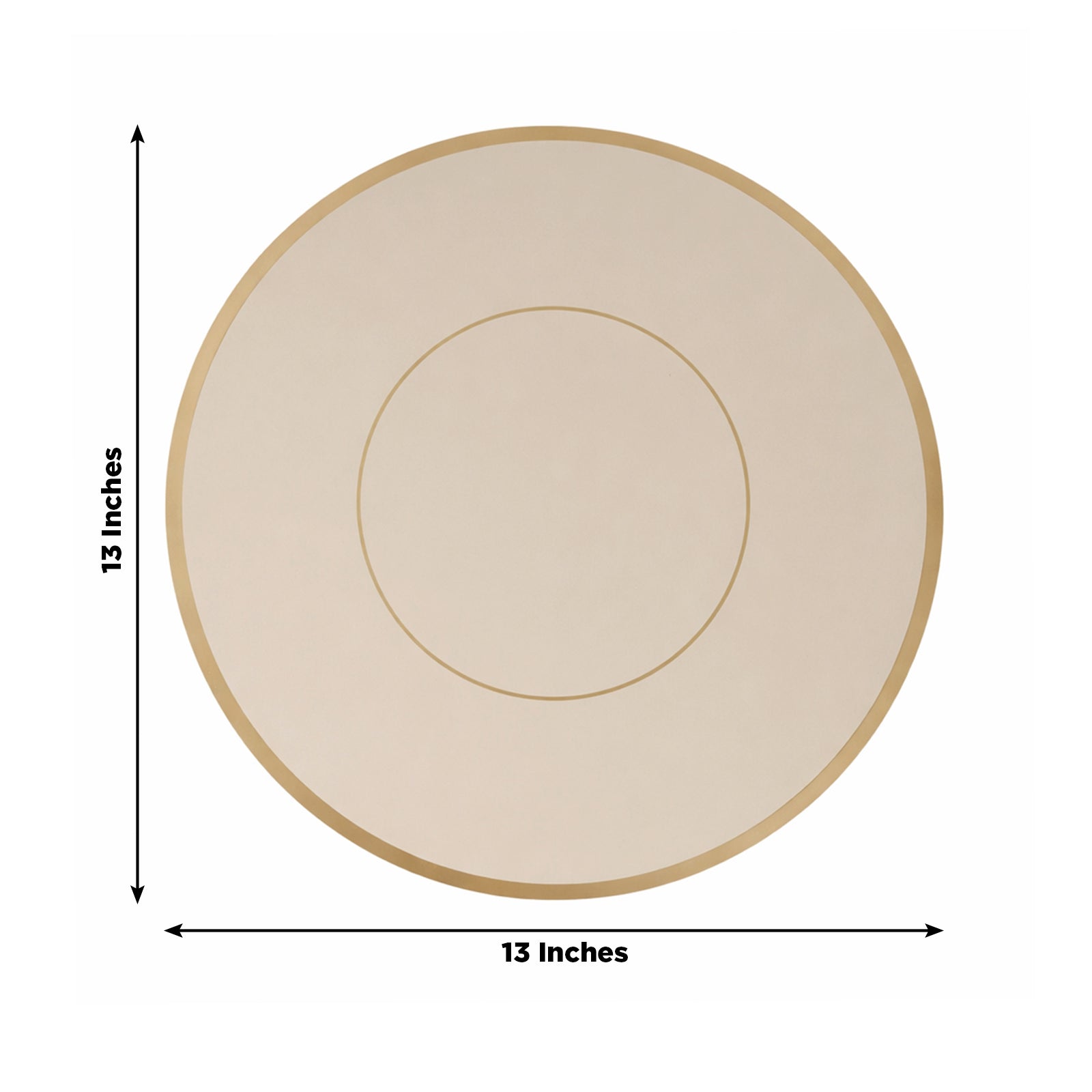Taupe round disposable table placemat with gold rim, 13 inches.