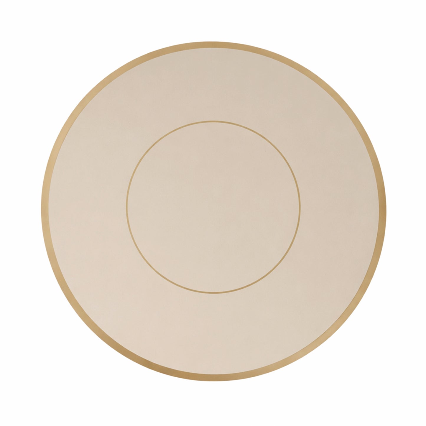 Taupe round disposable placemat with a gold rim, 13 inches in diameter.