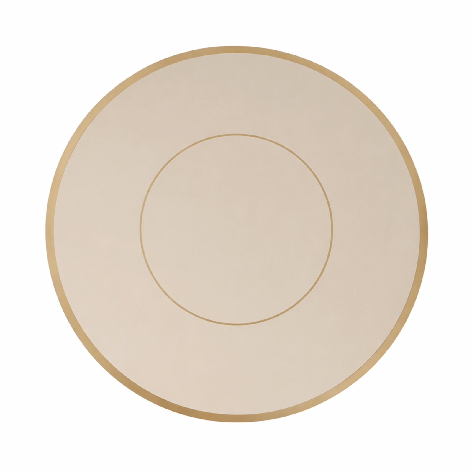 Taupe round disposable placemat with a gold rim, 13 inches in diameter.