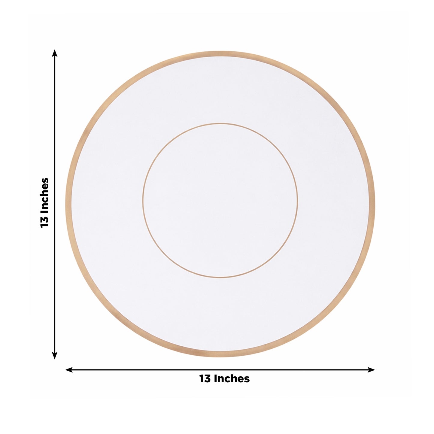 White placemat with gold rim, 13 inches, round cardboard charger for events.