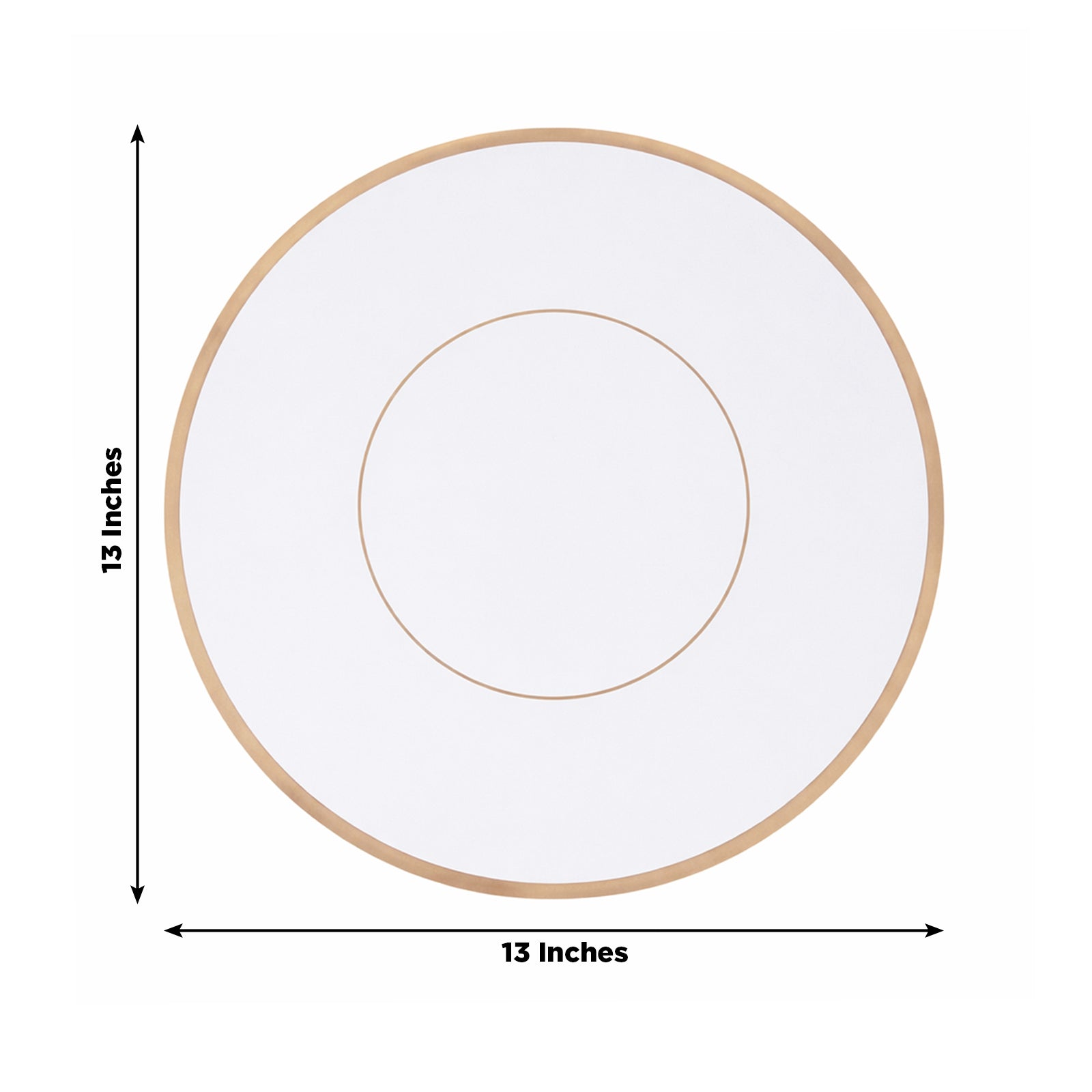 White placemat with gold rim, 13 inches, round cardboard charger for events.