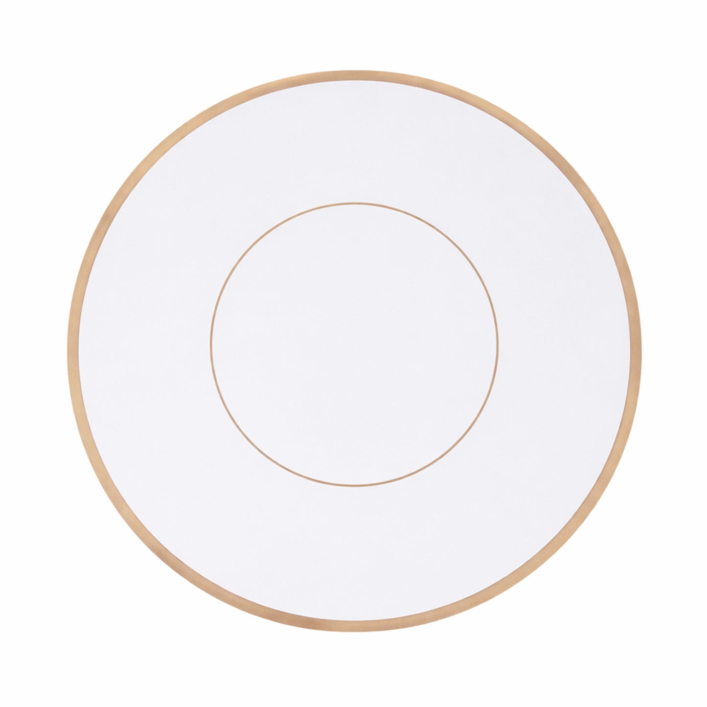 White round disposable placemat with gold rim, perfect for catering events.