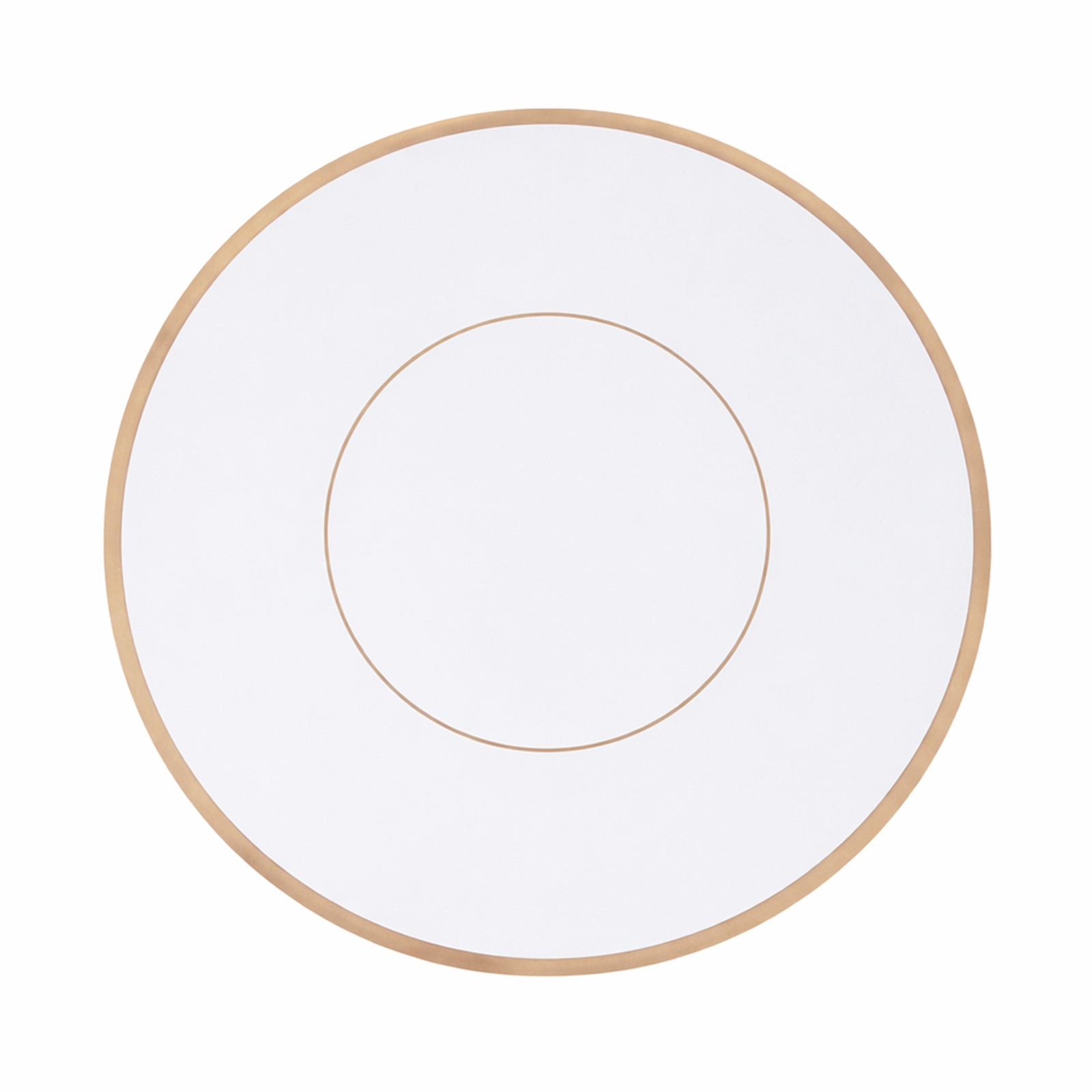 White round disposable placemat with gold rim, perfect for catering events.