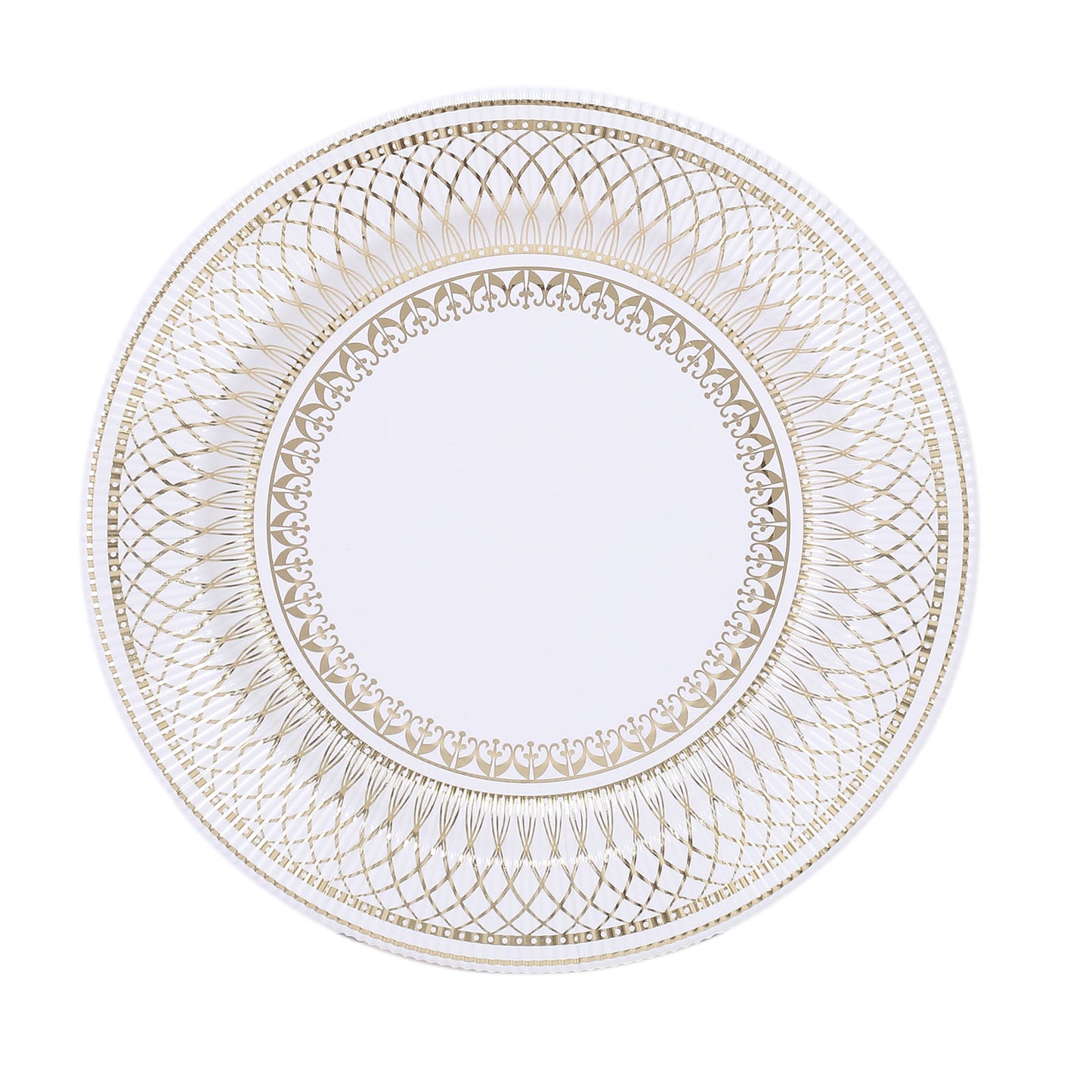 25 Pack | 13" Gold / White Vintage Style Paper Charger Plates, Heavy Duty Disposable Serving Plates - 350GSM