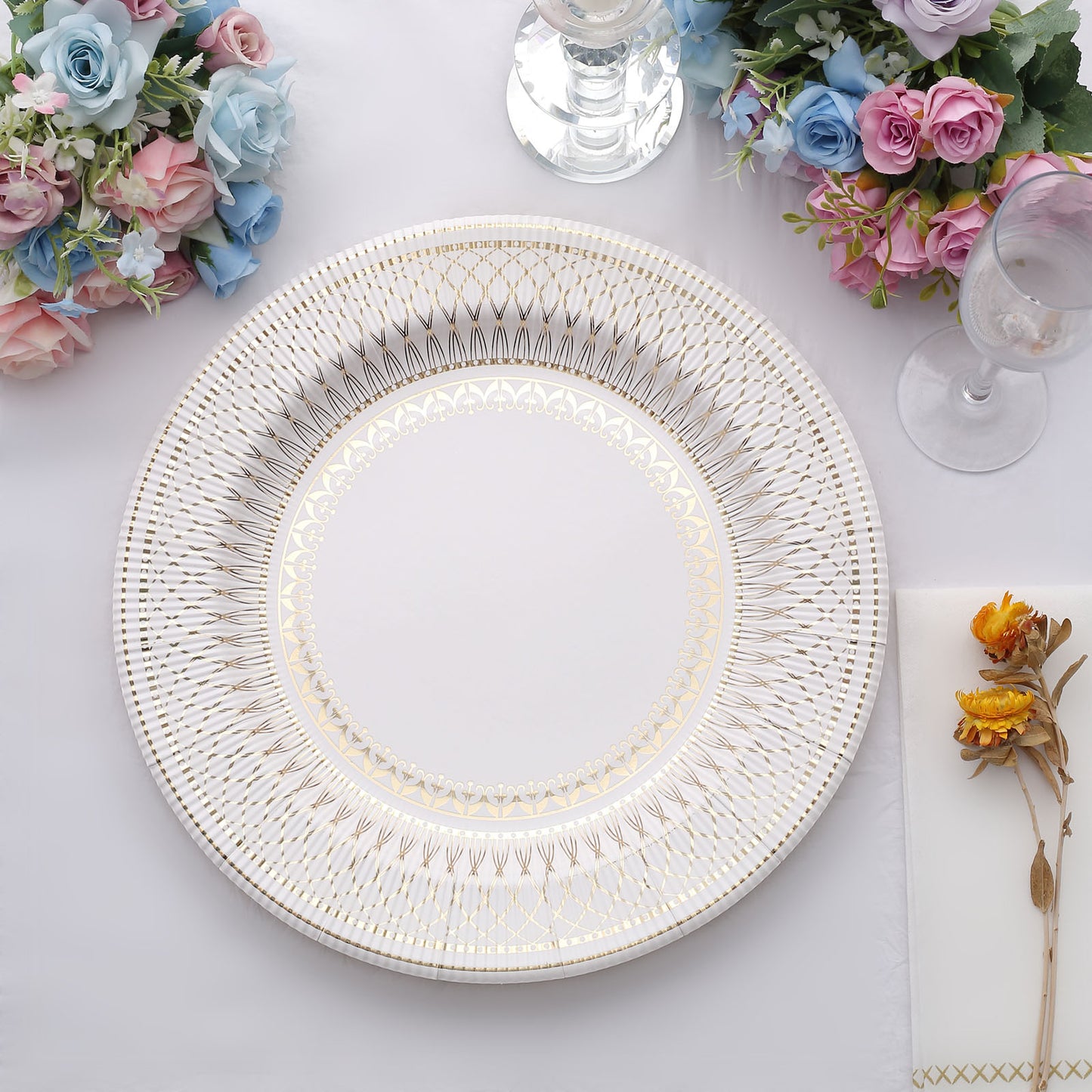 25 Pack | 13" Gold / White Vintage Style Paper Charger Plates, Heavy Duty Disposable Serving Plates - 350GSM