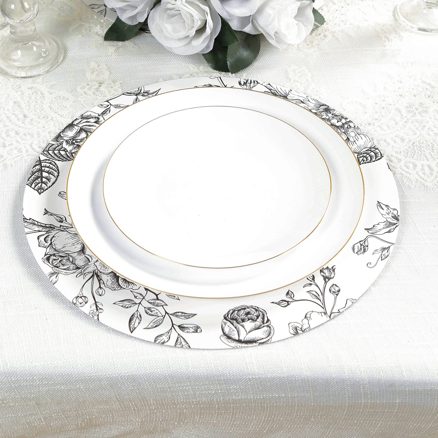 10-Pack Disposable Table Placemats in French Toile Print 13" in Matte White/Black - Chic Floral Cardboard Placemats for Stylish Table Setting