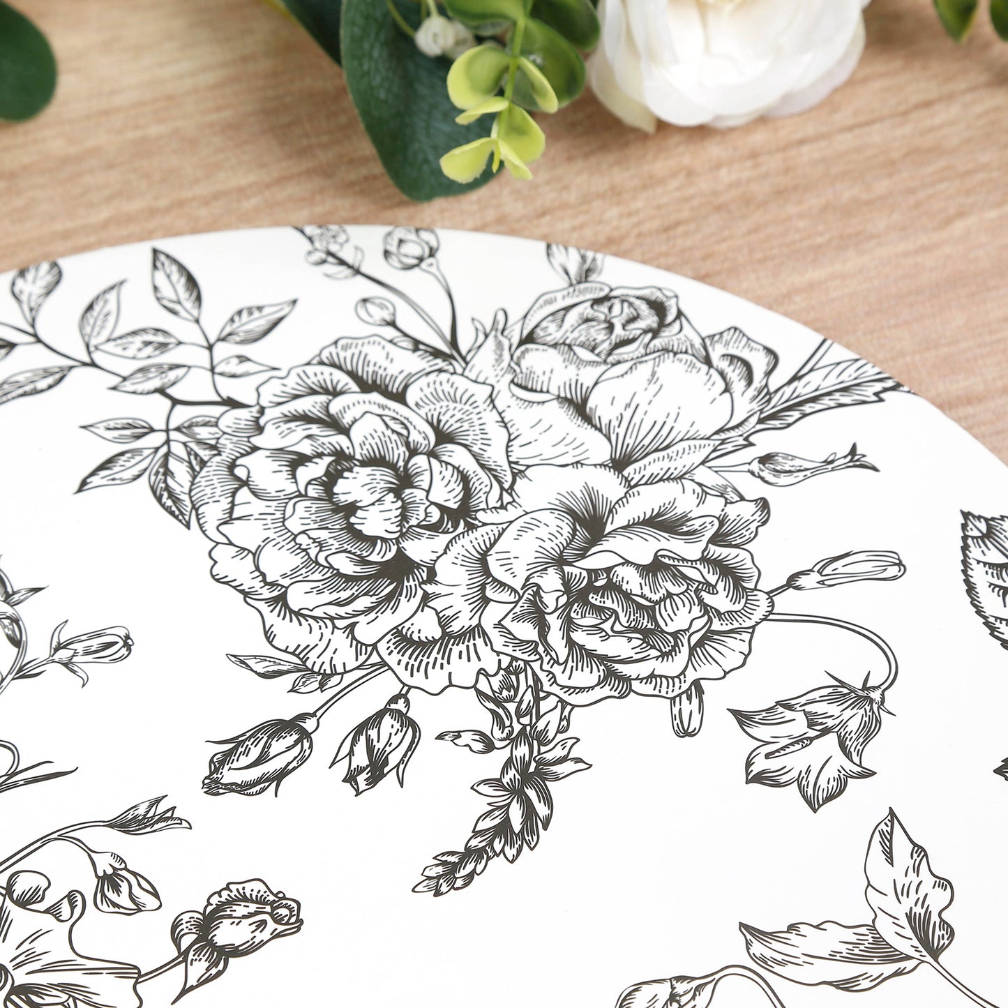 10-Pack Disposable Table Placemats in French Toile Print 13" in Matte White/Black - Chic Floral Cardboard Placemats for Stylish Table Setting