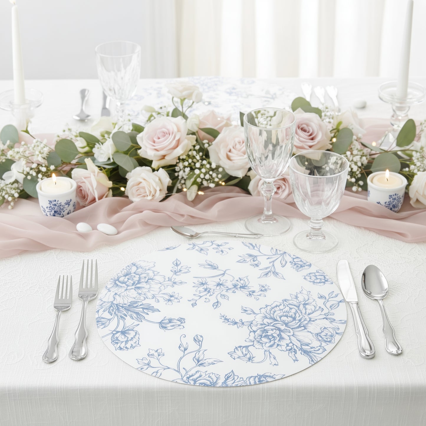 10-Pack Disposable Table Placemats in French Toile Print 13" in Matte White/Blue - Chic Floral Cardboard Placemats for Stylish Table Setting