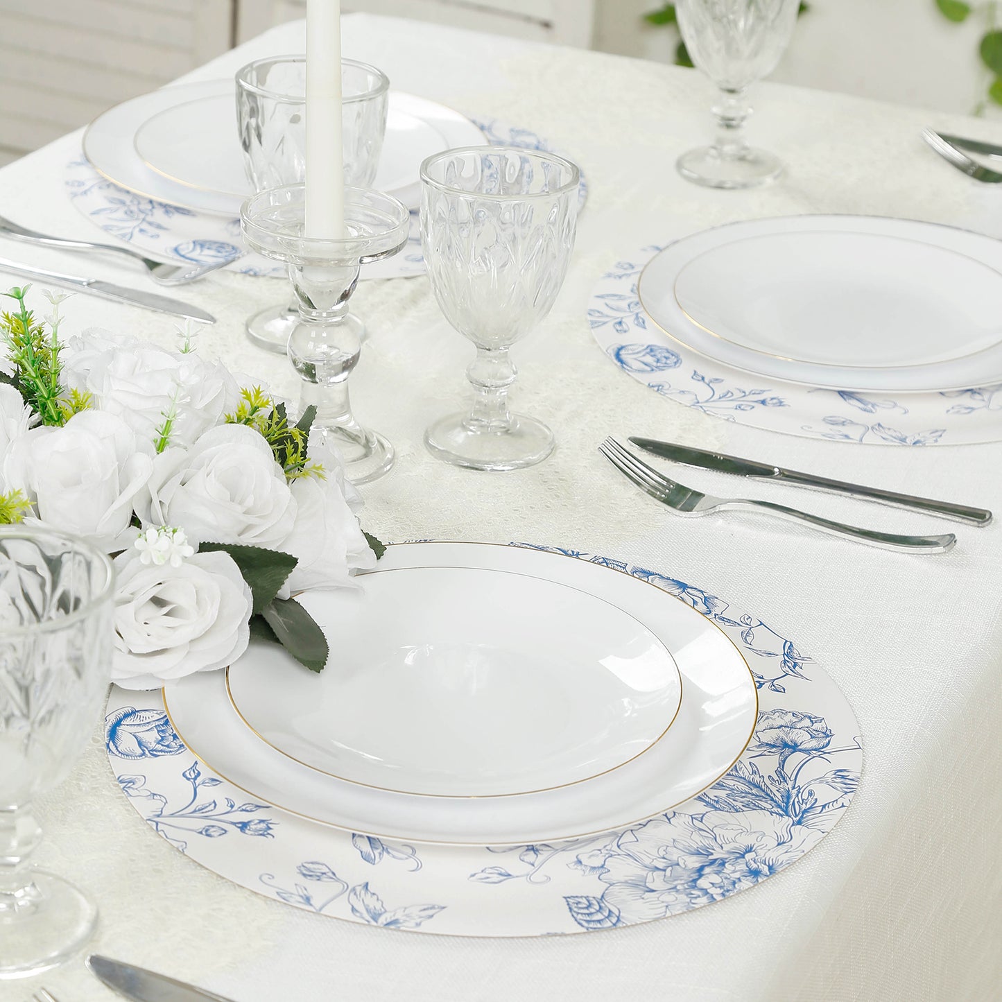 10-Pack Disposable Table Placemats in French Toile Print 13" in Matte White/Blue - Chic Floral Cardboard Placemats for Stylish Table Setting