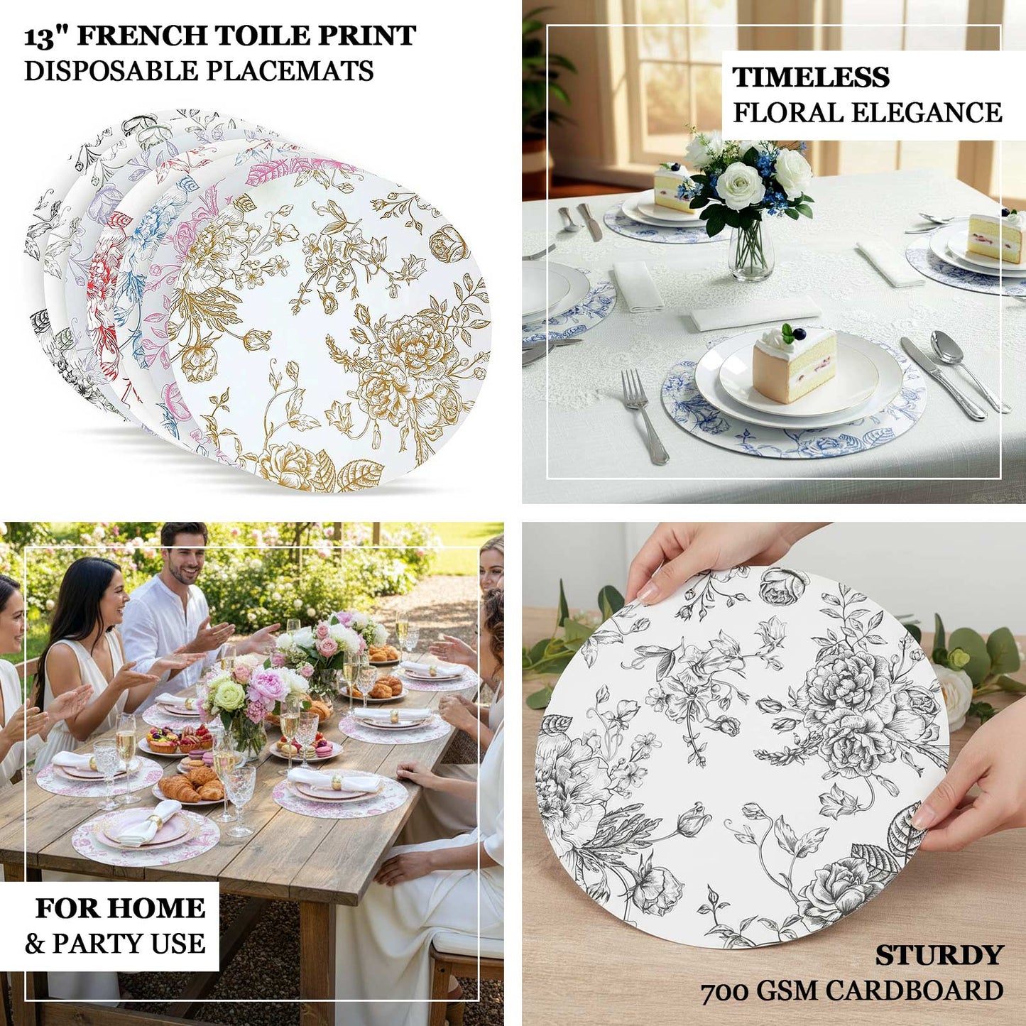 10-Pack Disposable Table Placemats in French Toile Print 13" - Chic Floral Cardboard Placemats 