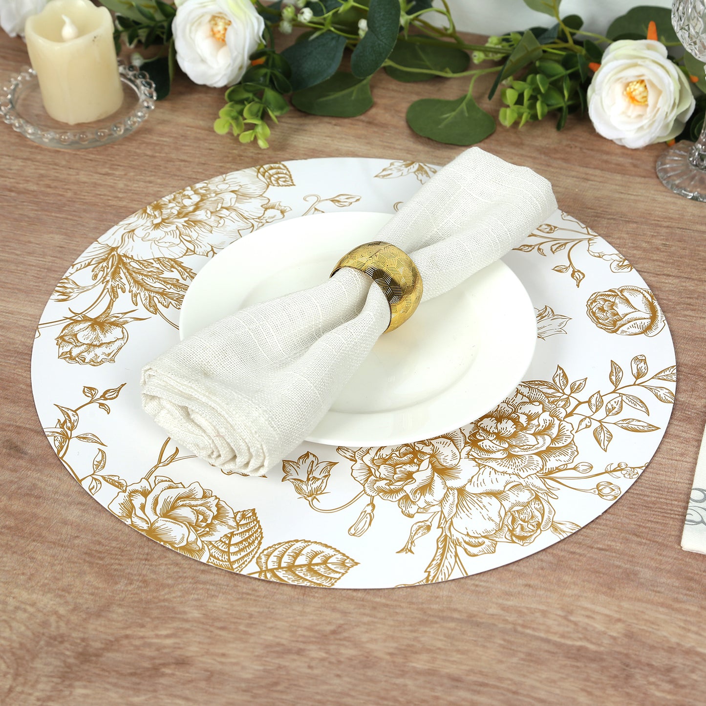 6 Pack White Gold Cardboard Paper Charger Plates in French Toile Floral Pattern, 13" Round Disposable Placemats