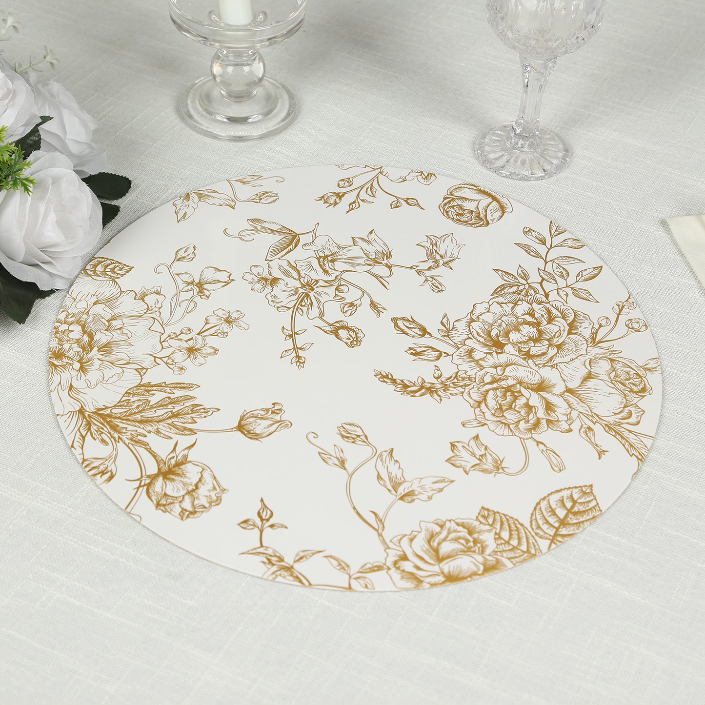 6 Pack White Gold Cardboard Paper Charger Plates in French Toile Floral Pattern, 13" Round Disposable Placemats