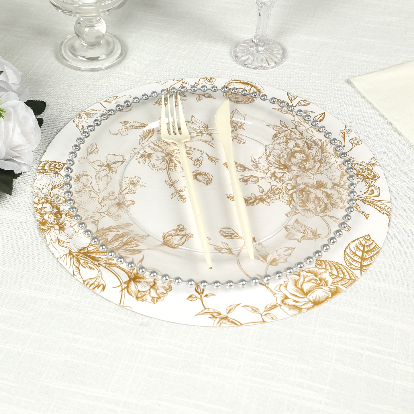 6 Pack White Gold Cardboard Paper Charger Plates in French Toile Floral Pattern, 13" Round Disposable Placemats