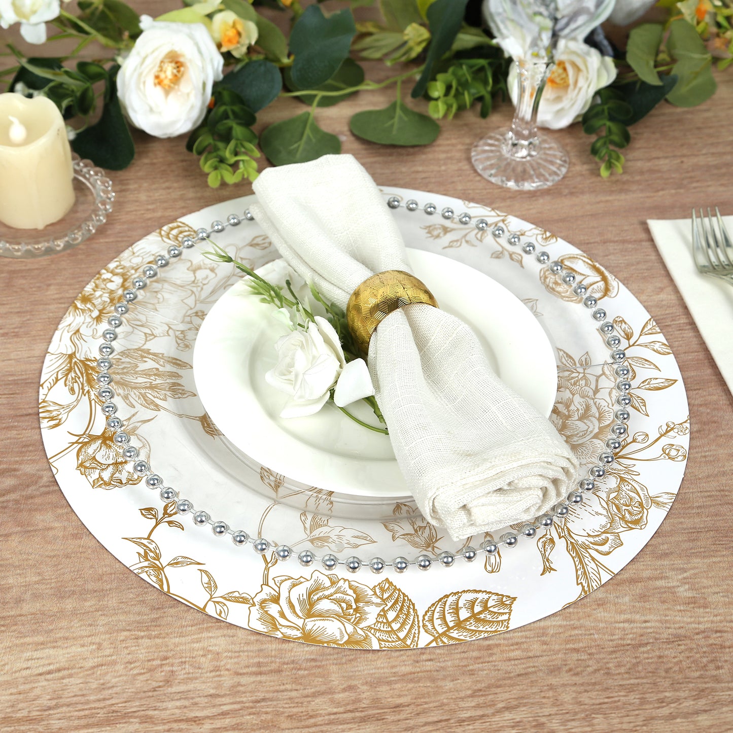 6 Pack White Gold Cardboard Paper Charger Plates in French Toile Floral Pattern, 13" Round Disposable Placemats