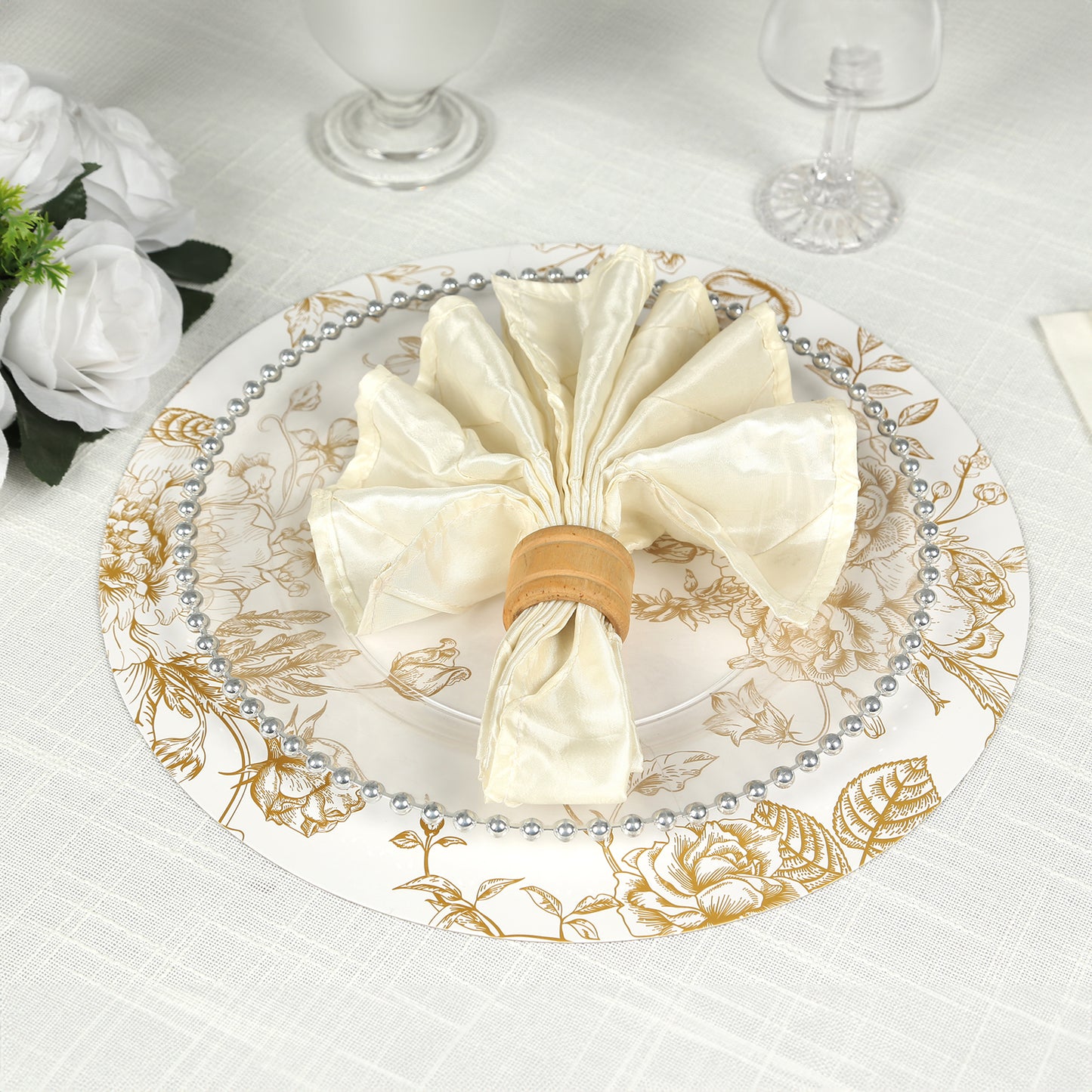 6 Pack White Gold Cardboard Paper Charger Plates in French Toile Floral Pattern, 13" Round Disposable Placemats