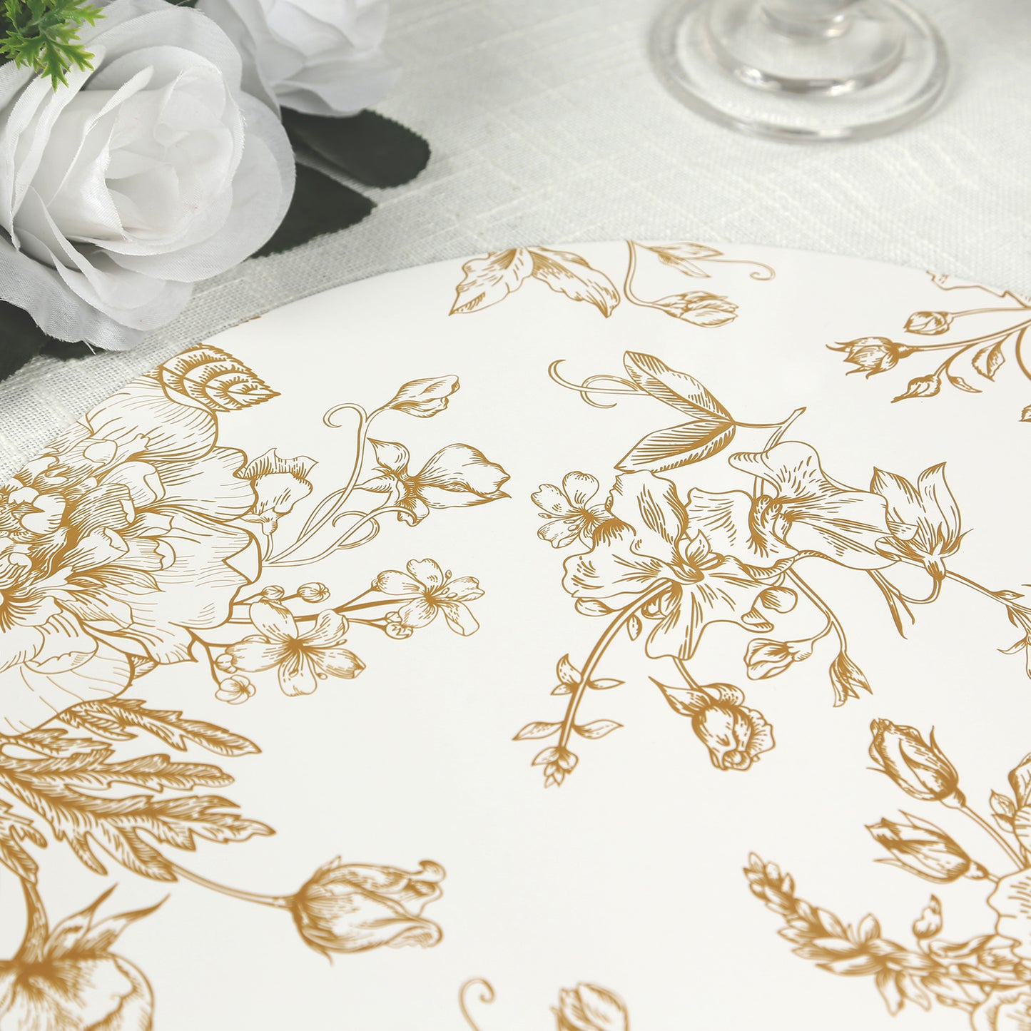 6 Pack White Gold Cardboard Paper Charger Plates in French Toile Floral Pattern, 13" Round Disposable Placemats