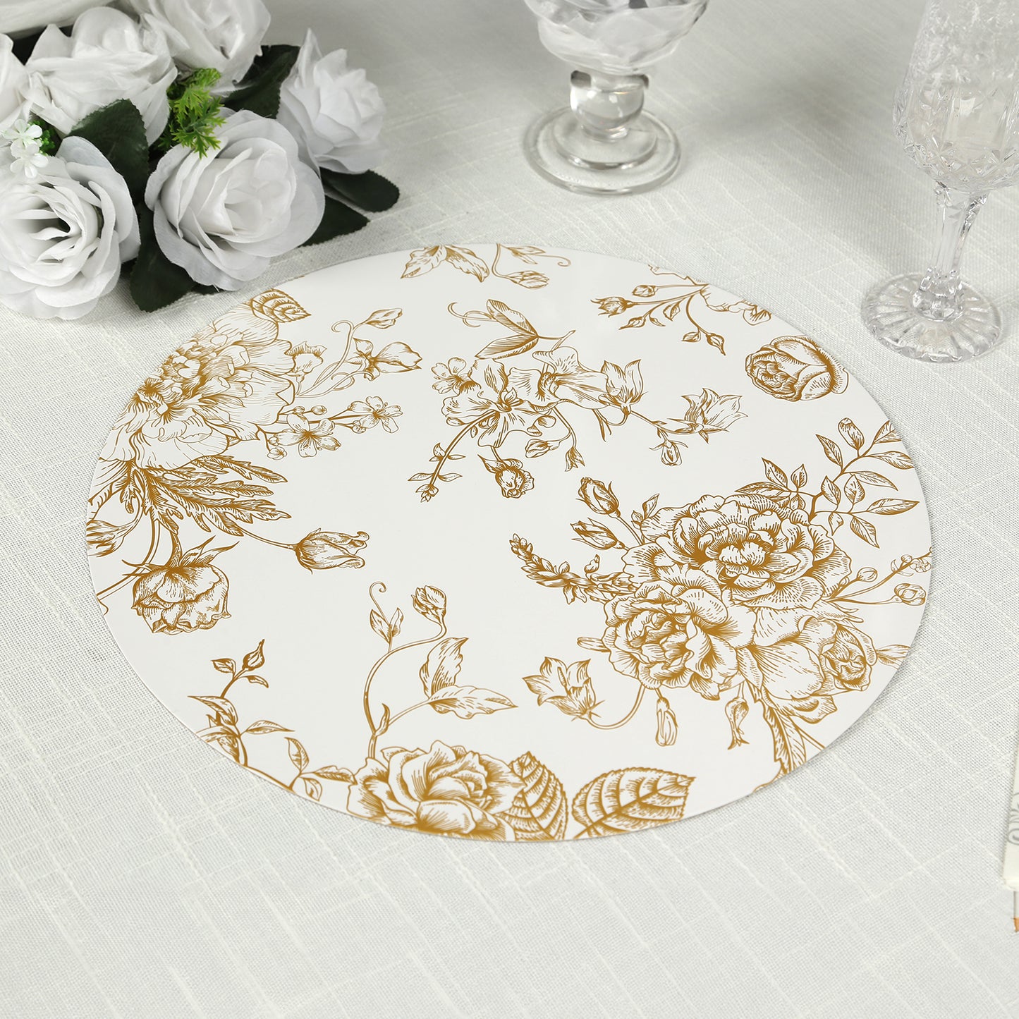 6 Pack White Gold Cardboard Paper Charger Plates in French Toile Floral Pattern, 13" Round Disposable Placemats