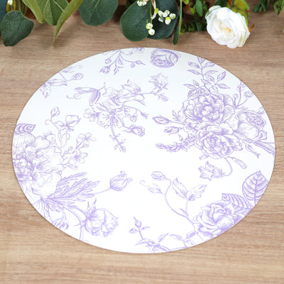 Matte Lavender And White Cardboard Paper Charger Plates in French Toile Floral Pattern