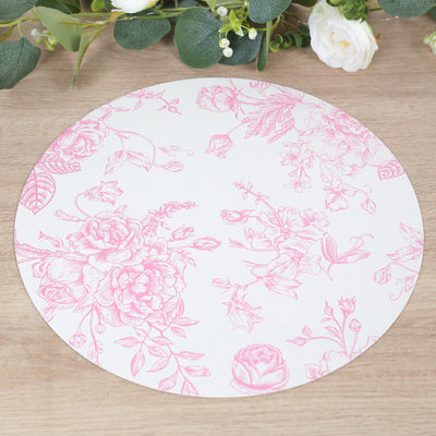 Matte Pink And White Cardboard Paper Charger Plates in French Toile Floral Pattern
