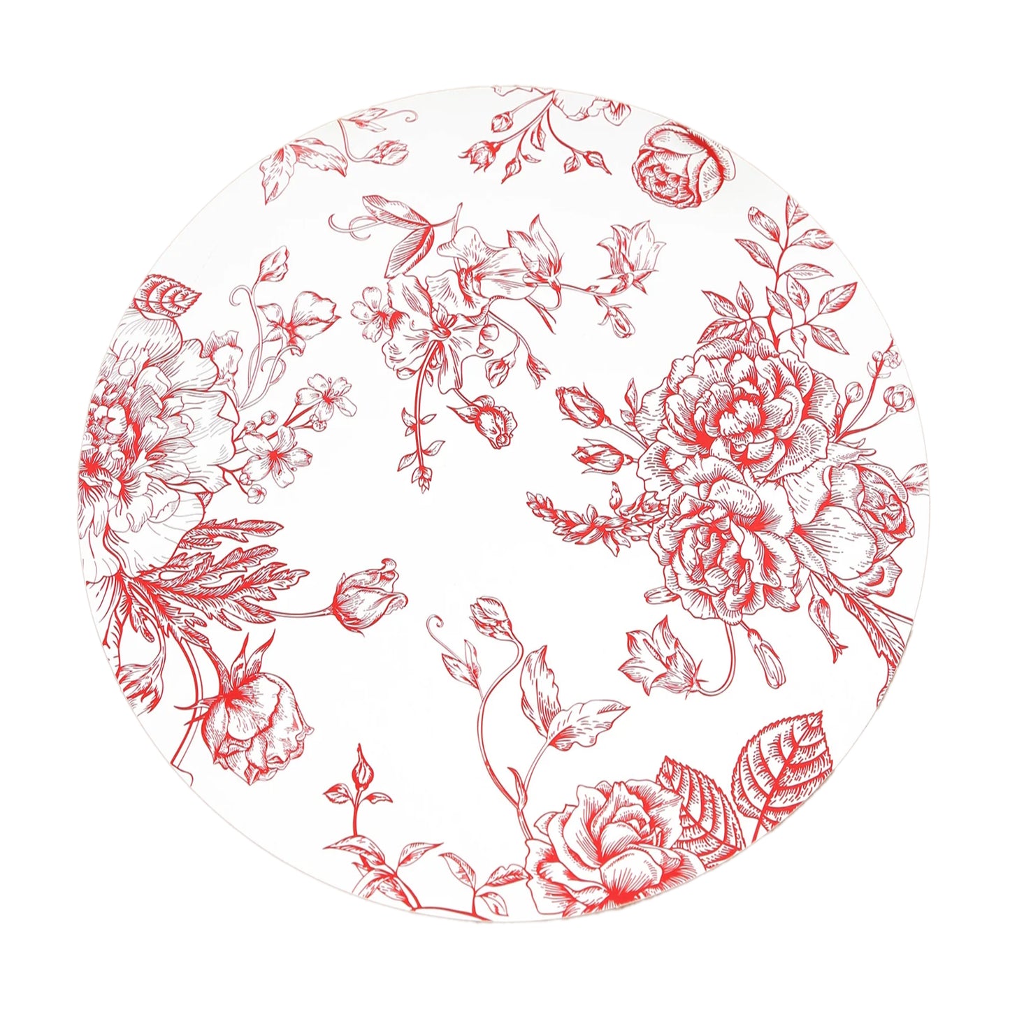 10-Pack Disposable Table Placemats in French Toile Print 13" in Matte White/Red - Chic Floral Cardboard Placemats for Stylish Table Setting