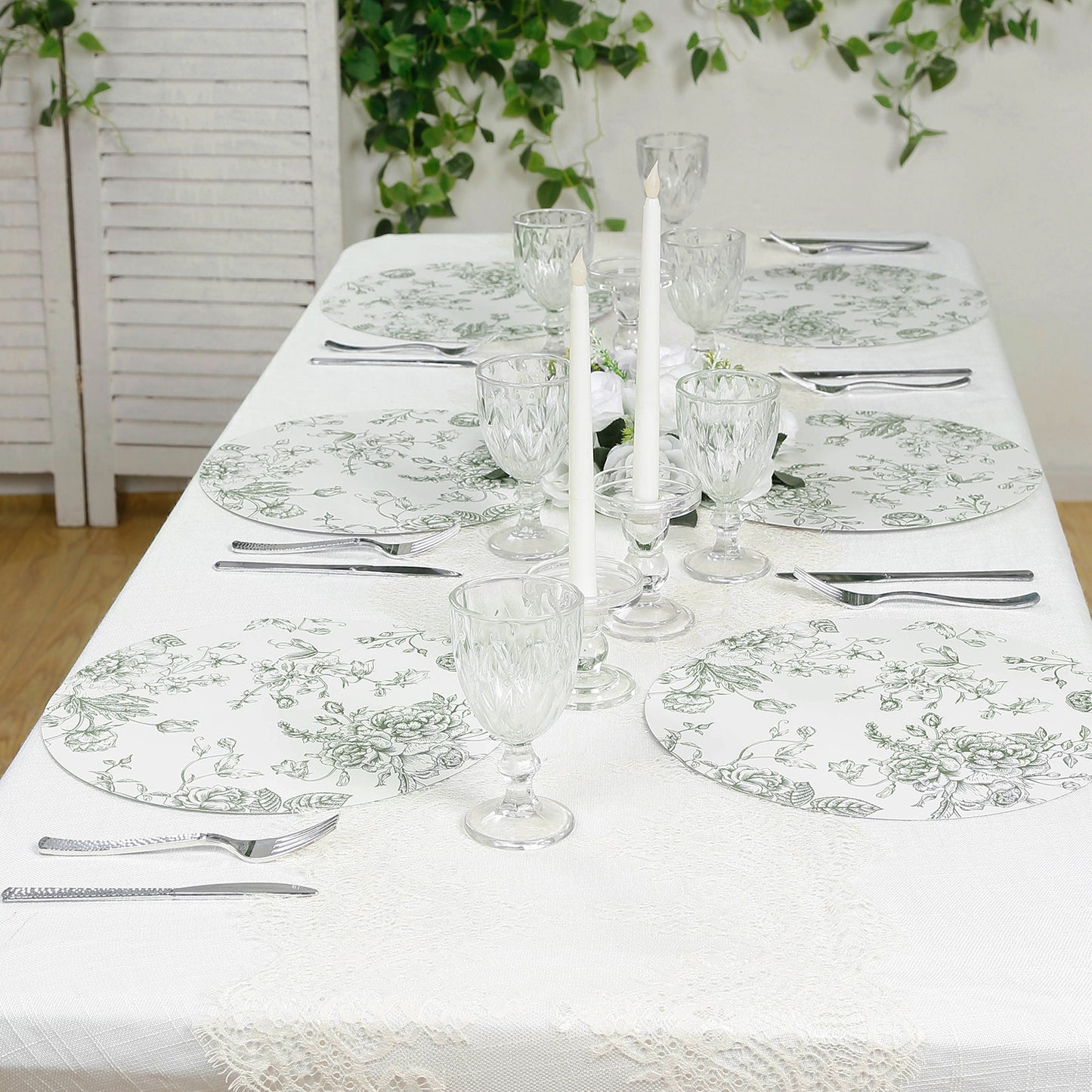10-Pack Disposable Table Placemats in French Toile Print 13" in Matte White/Sage Green - Chic Floral Cardboard Placemats for Stylish Table Setting