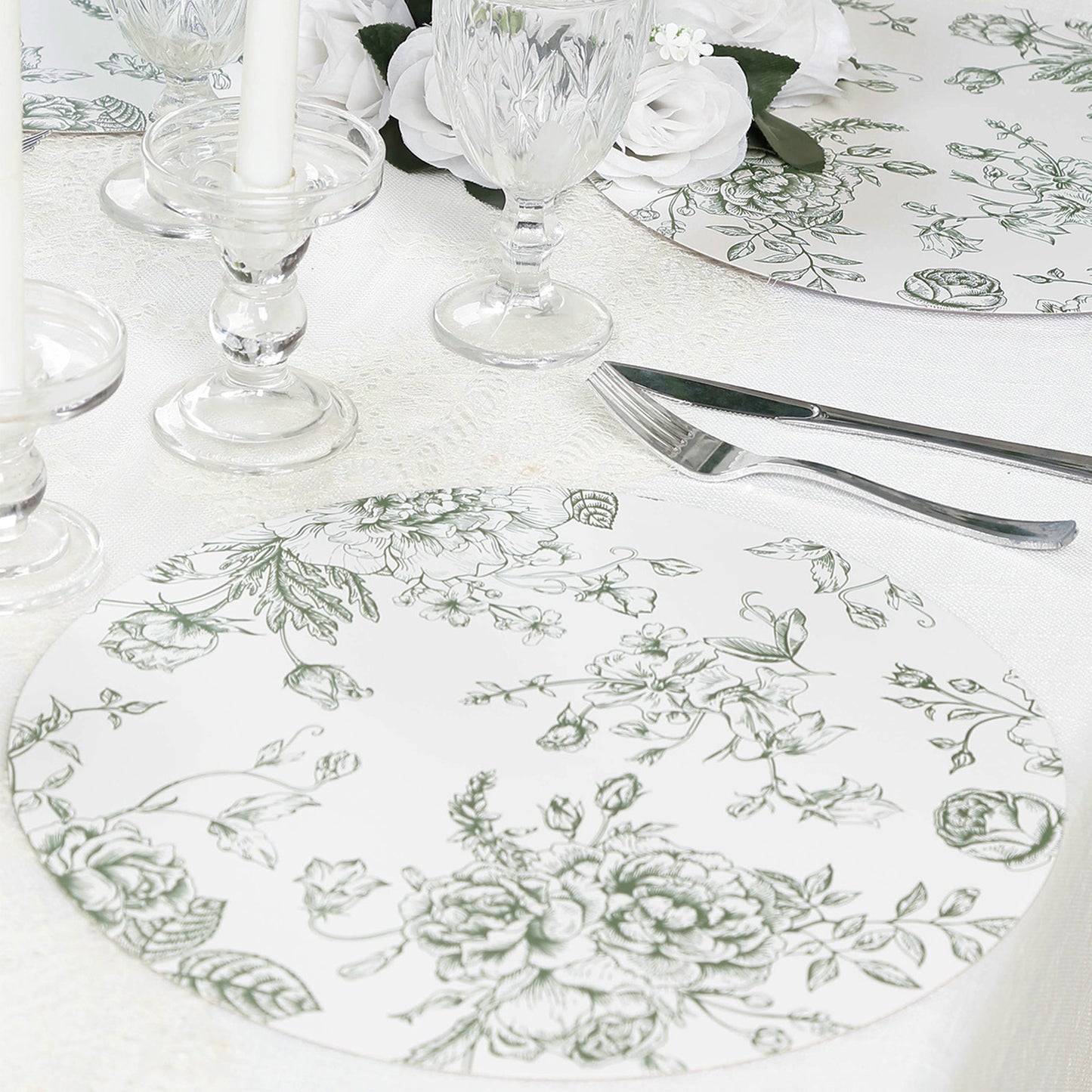 10-Pack Disposable Table Placemats in French Toile Print 13" in Matte White/Sage Green - Chic Floral Cardboard Placemats for Stylish Table Setting