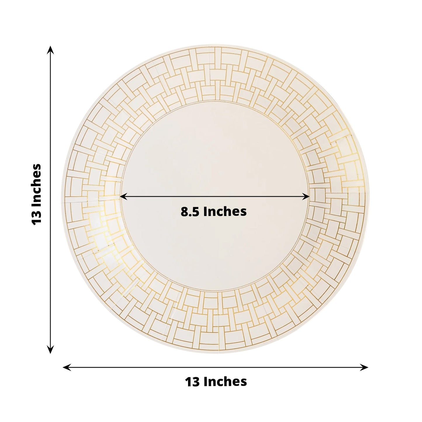 10 Pack White Disposable Serving Plates With Gold Basketweave Pattern Rim, 13" Round Cardstock Paper Charger Plates - 650GSM