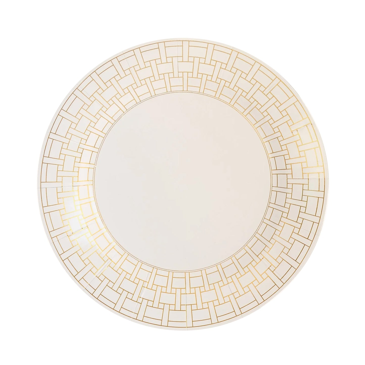 10 Pack White Disposable Serving Plates With Gold Basketweave Pattern Rim, 13" Round Cardstock Paper Charger Plates - 650GSM