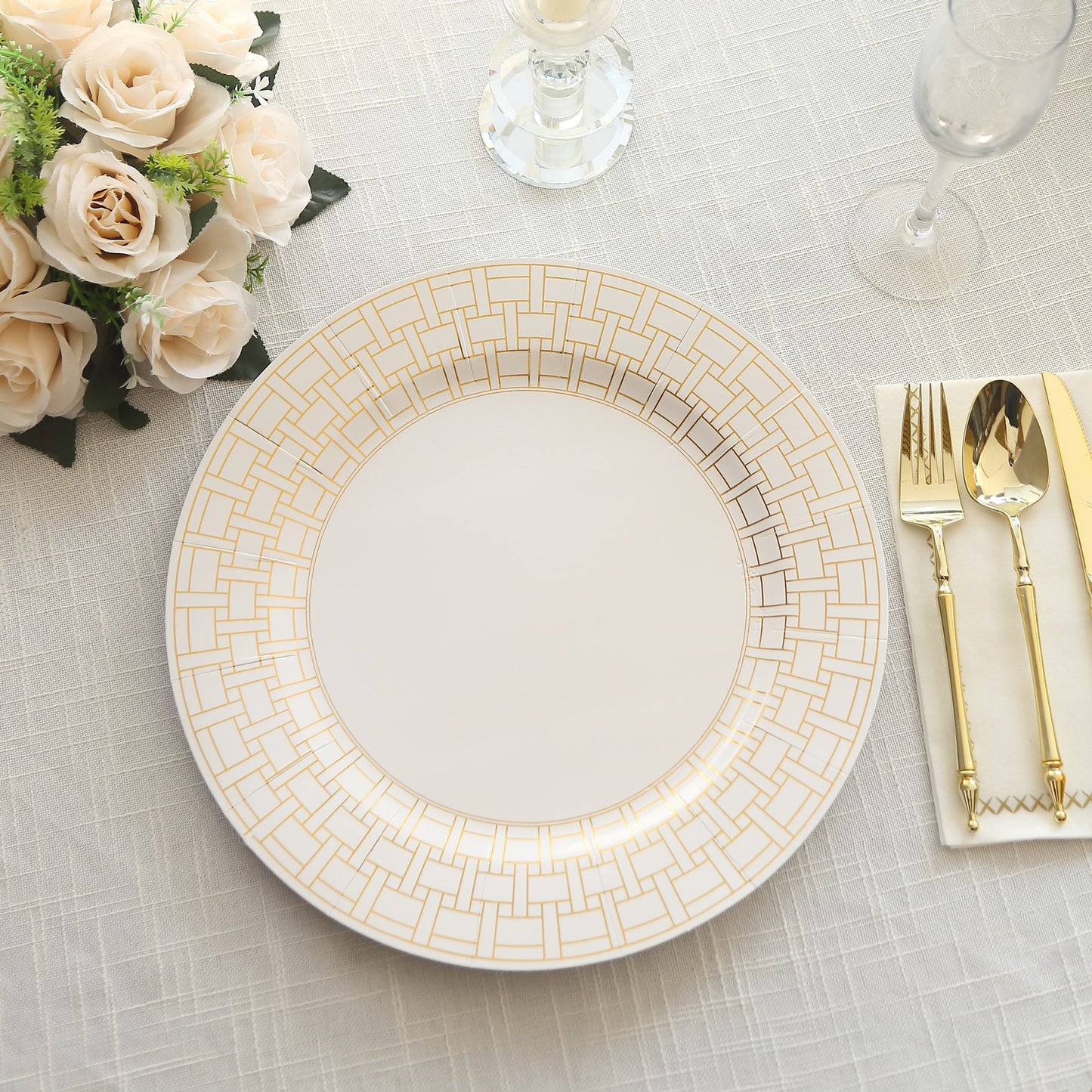 10 Pack White Disposable Serving Plates With Gold Basketweave Pattern Rim, 13" Round Cardstock Paper Charger Plates - 650GSM