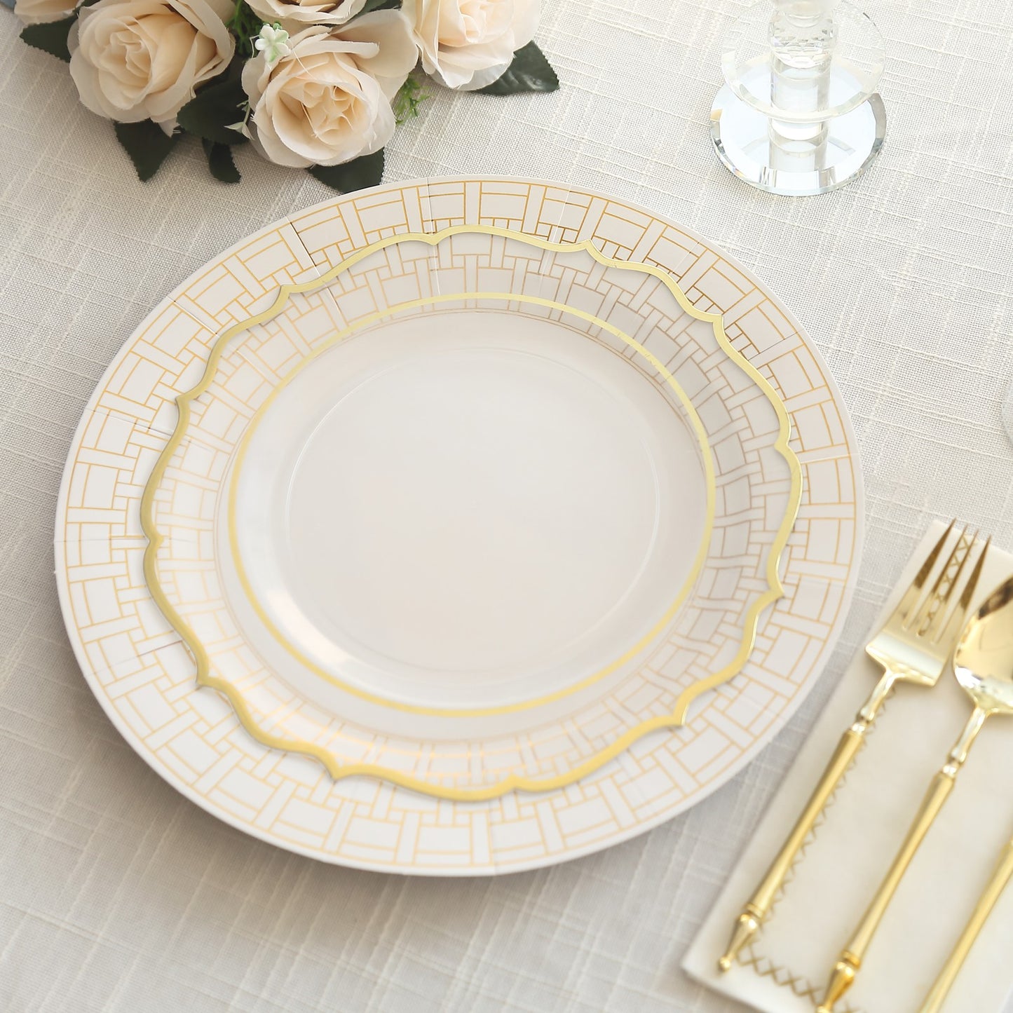 10 Pack White Disposable Serving Plates With Gold Basketweave Pattern Rim, 13" Round Cardstock Paper Charger Plates - 650GSM