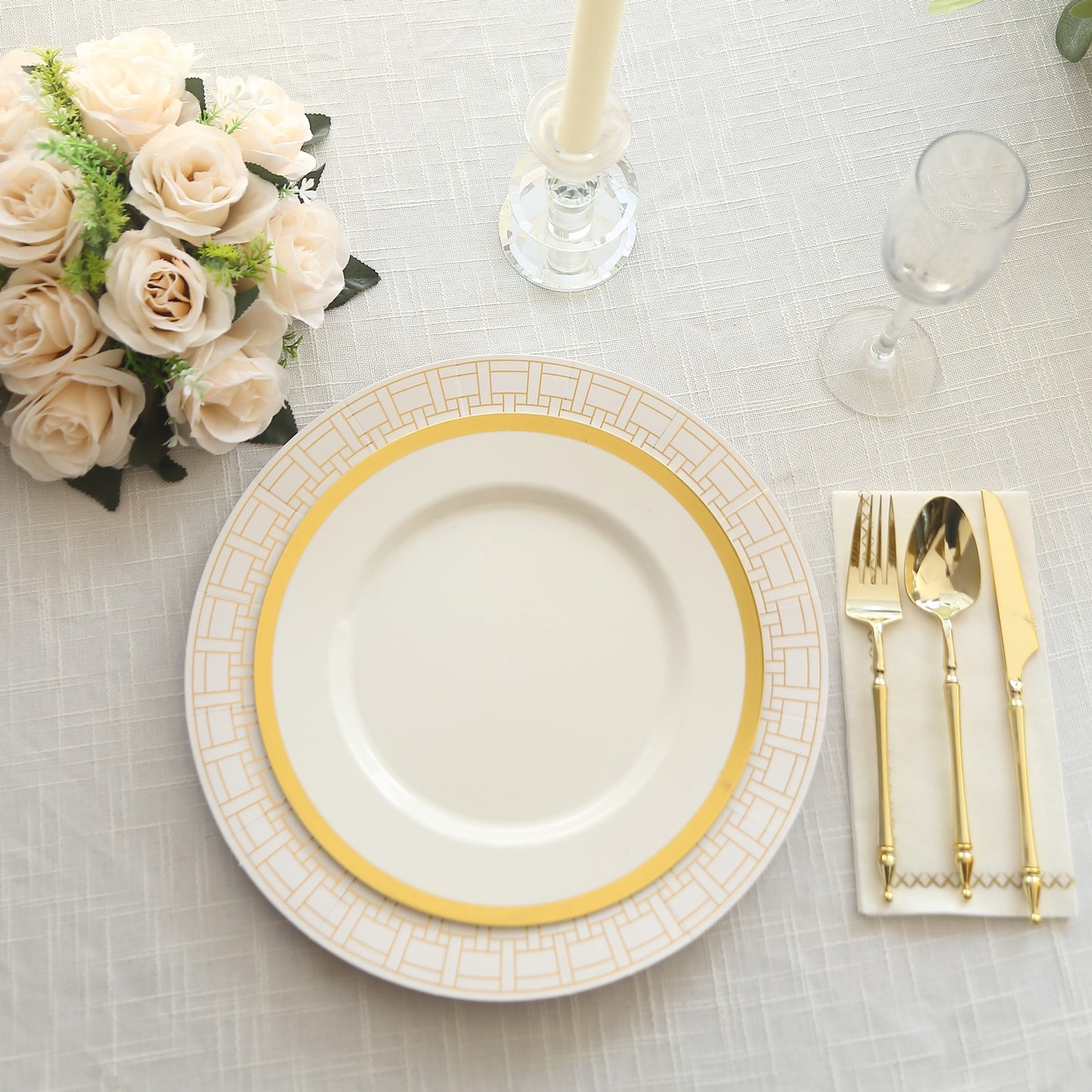 10 Pack White Disposable Serving Plates With Gold Basketweave Pattern Rim, 13" Round Cardstock Paper Charger Plates - 650GSM