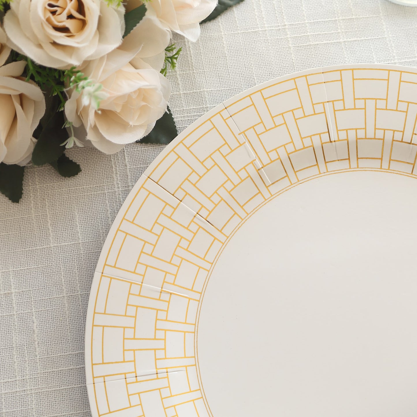 10 Pack White Disposable Serving Plates With Gold Basketweave Pattern Rim, 13" Round Cardstock Paper Charger Plates - 650GSM