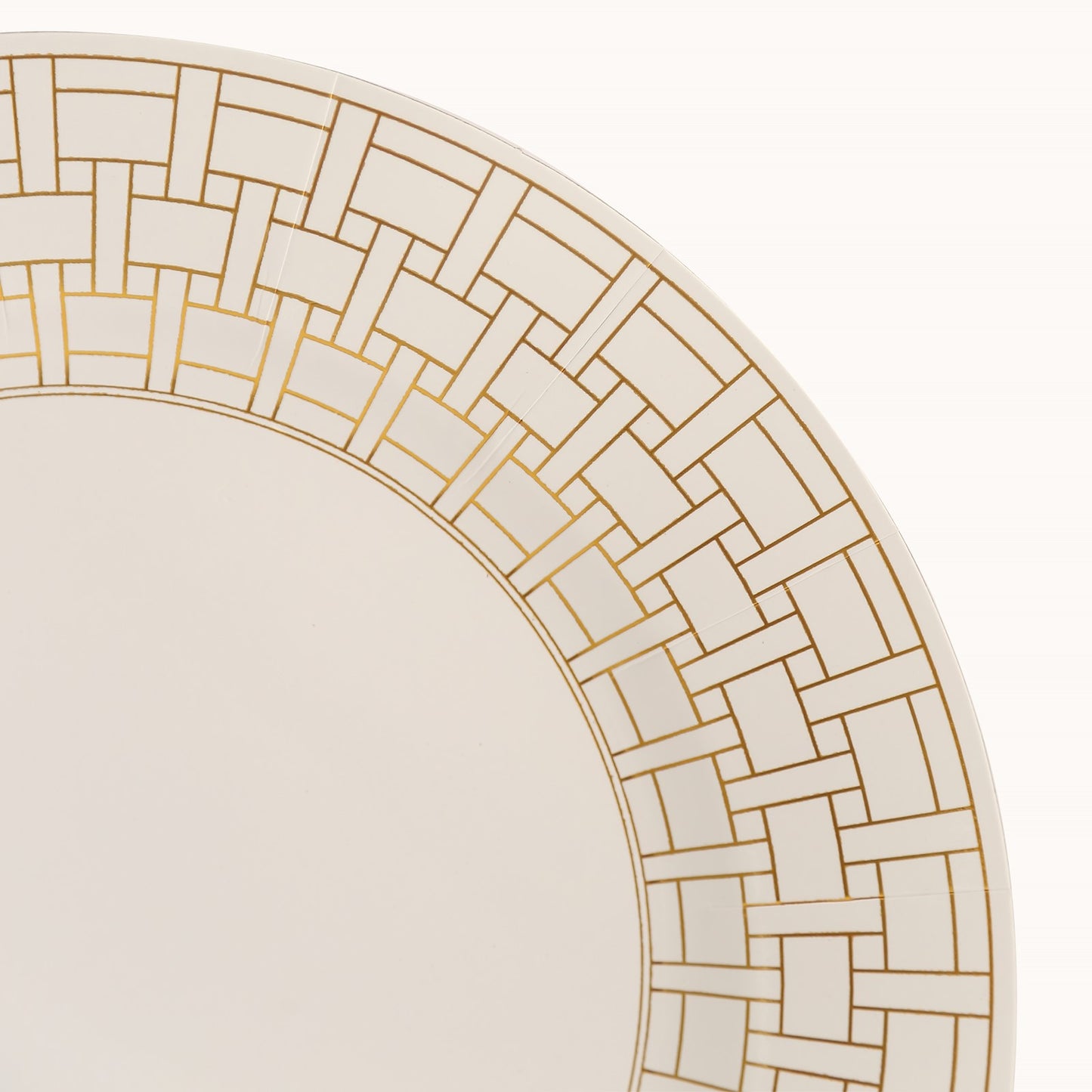 10 Pack White Disposable Serving Plates With Gold Basketweave Pattern Rim, 13" Round Cardstock Paper Charger Plates - 650GSM