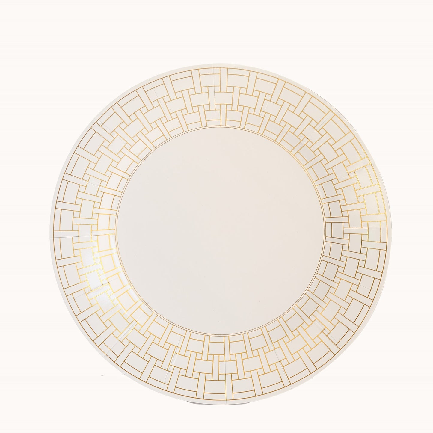 10 Pack White Disposable Serving Plates With Gold Basketweave Pattern Rim, 13" Round Cardstock Paper Charger Plates - 650GSM