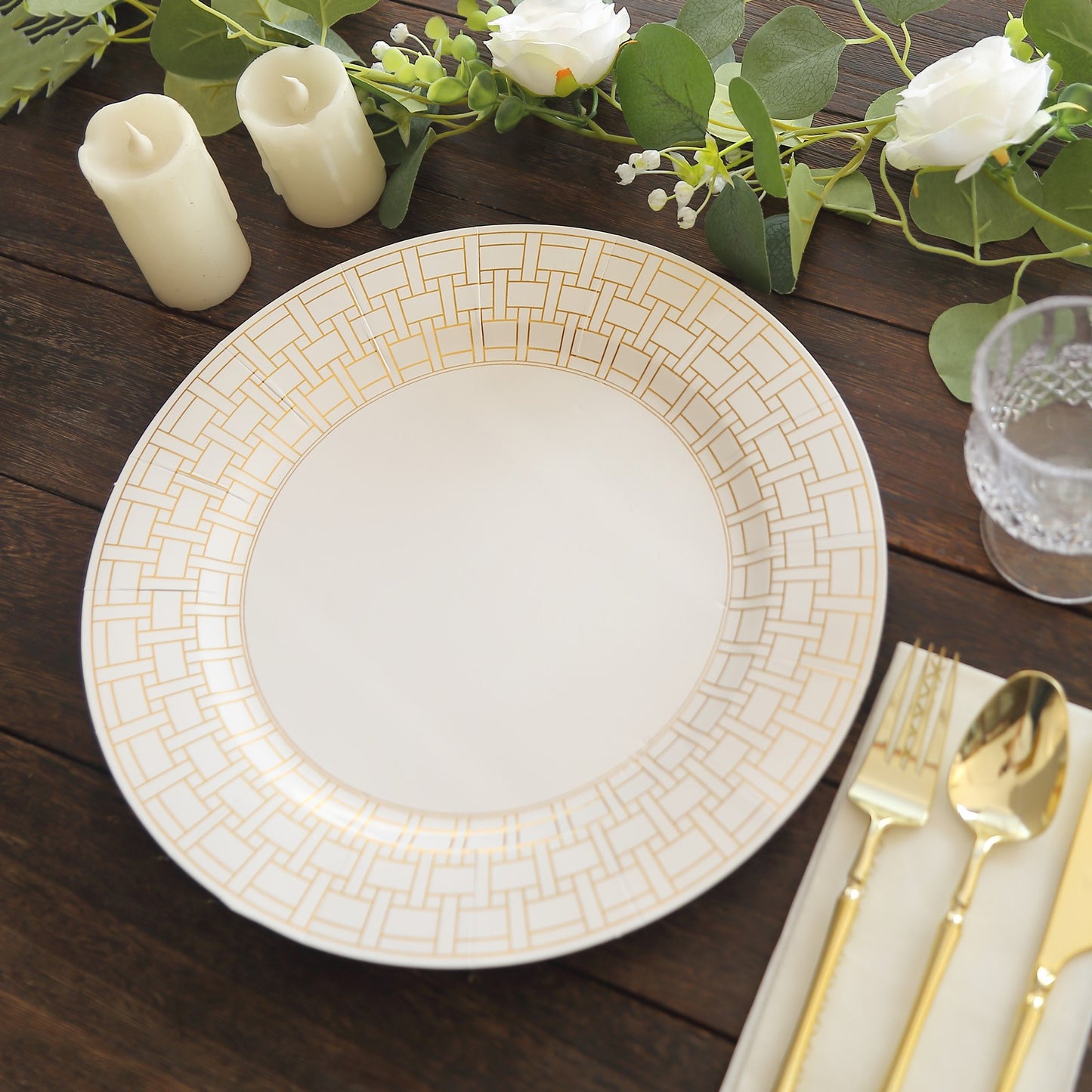 10 Pack White Disposable Serving Plates With Gold Basketweave Pattern Rim, 13" Round Cardstock Paper Charger Plates - 650GSM