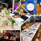 Champagne textured disposable square serving trays on elegant dining tables.