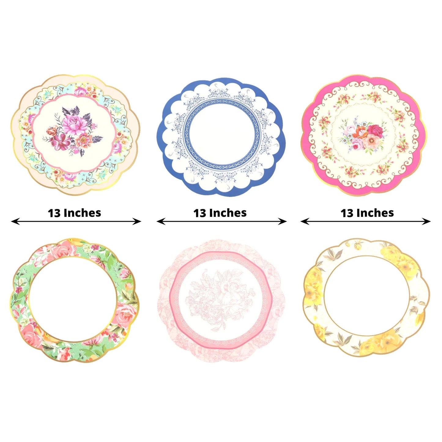 24 Pack Mixed Floral Tea Party Paper Table Mats with Scalloped Rim, 13" Round Disposable Placemats Cardboard Dinner Charger Plates - 400GSM