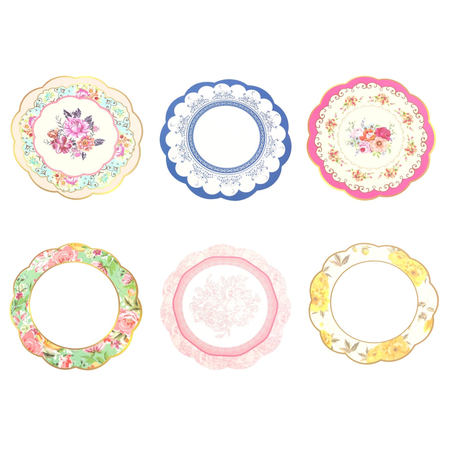 24 Pack Mixed Floral Tea Party Paper Table Mats with Scalloped Rim, 13" Round Disposable Placemats Cardboard Dinner Charger Plates - 400GSM