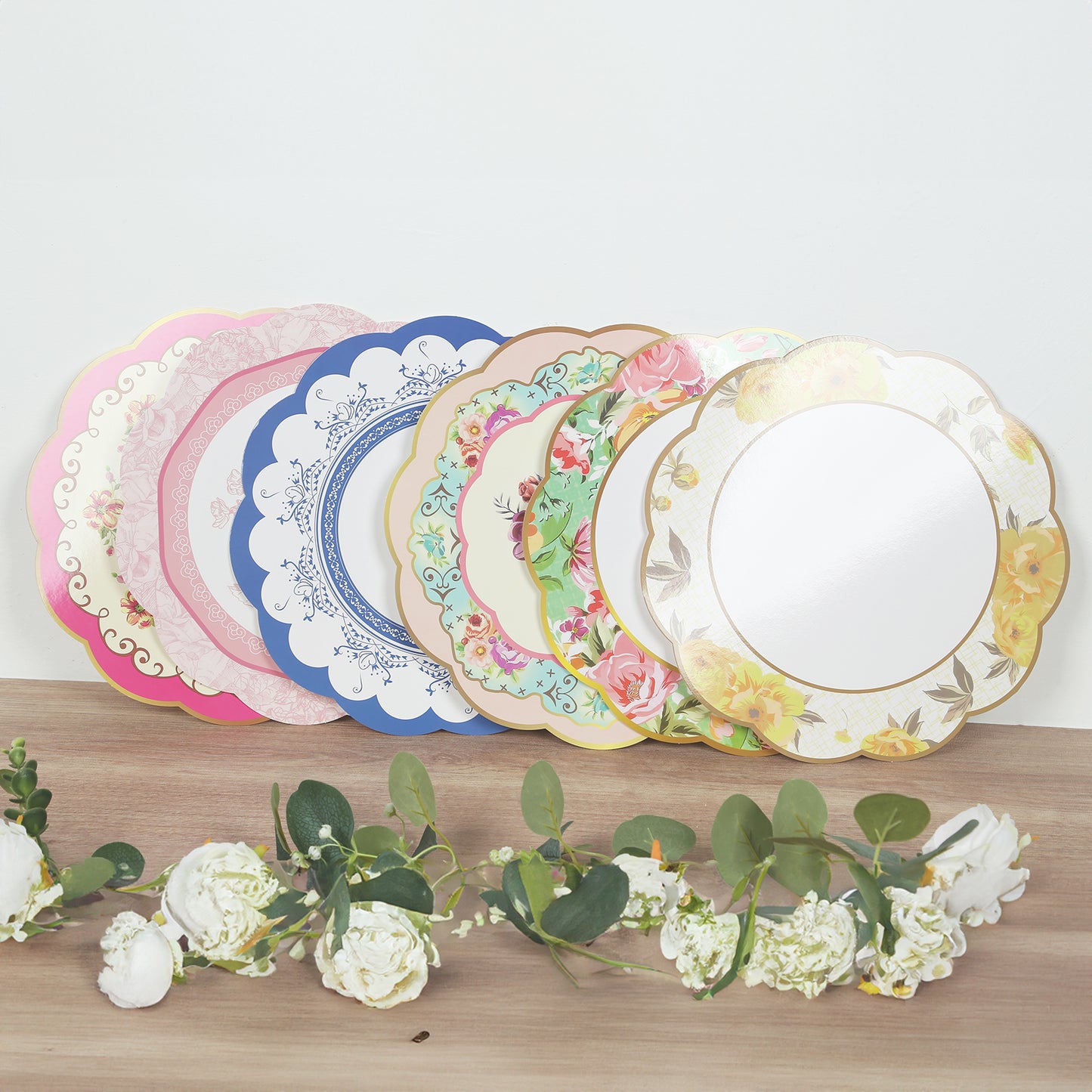 24 Pack Mixed Floral Tea Party Paper Table Mats with Scalloped Rim, 13" Round Disposable Placemats Cardboard Dinner Charger Plates - 400GSM