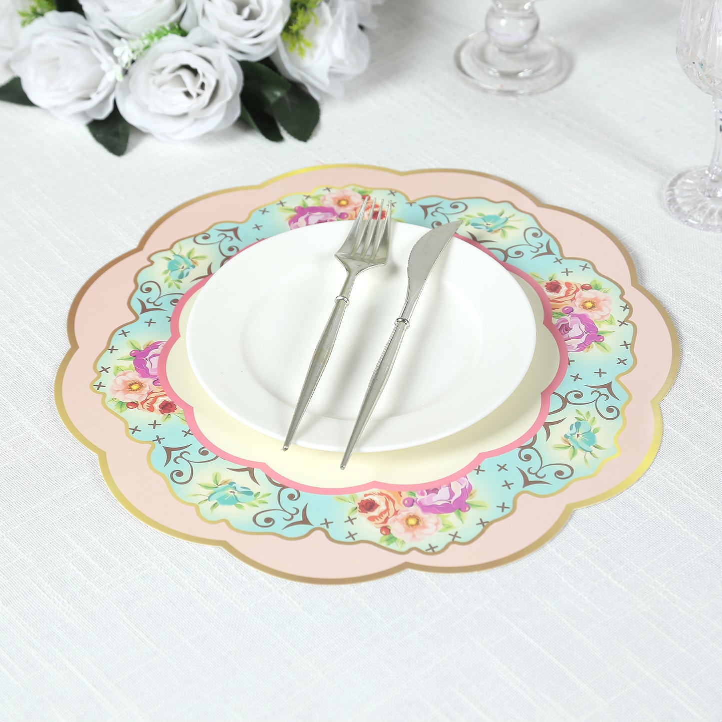 24 Pack Mixed Floral Tea Party Paper Table Mats with Scalloped Rim, 13" Round Disposable Placemats Cardboard Dinner Charger Plates - 400GSM