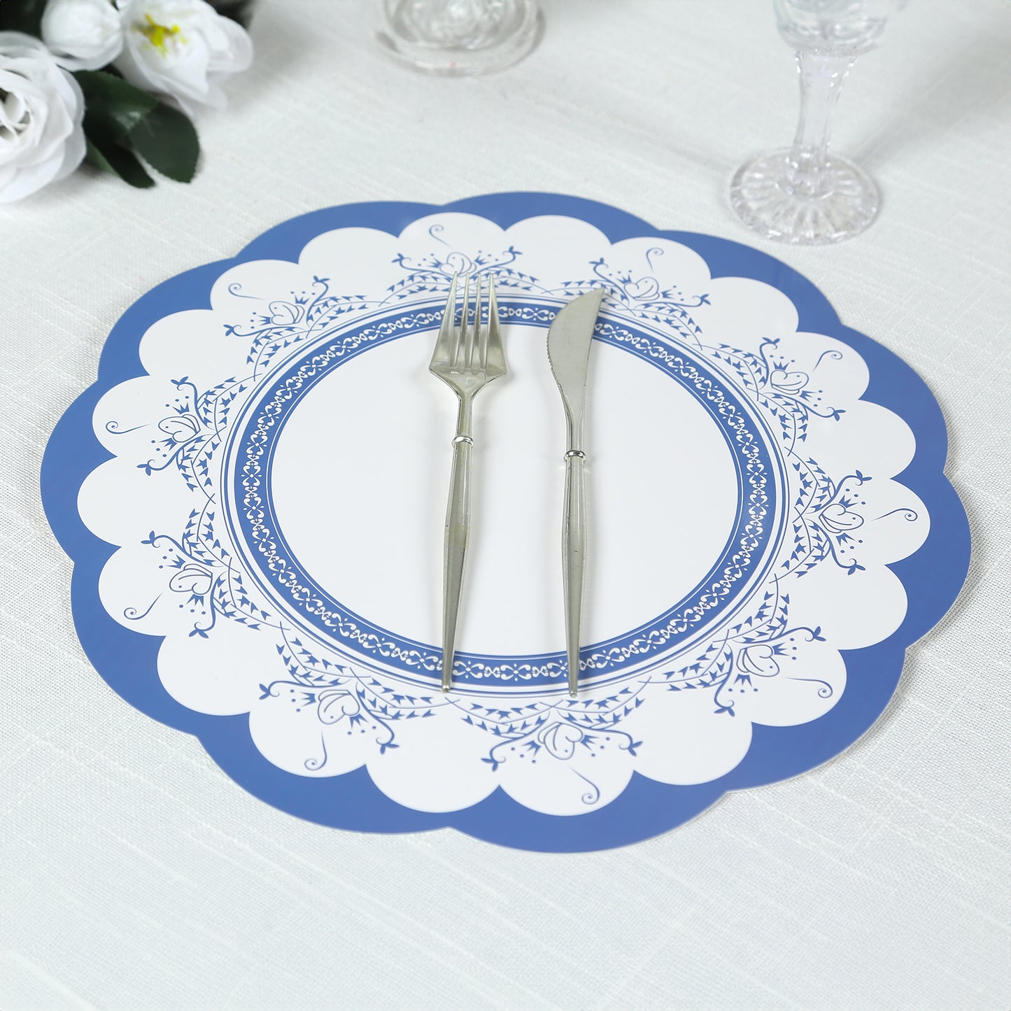 24 Pack Mixed Floral Tea Party Paper Table Mats with Scalloped Rim, 13" Round Disposable Placemats Cardboard Dinner Charger Plates - 400GSM
