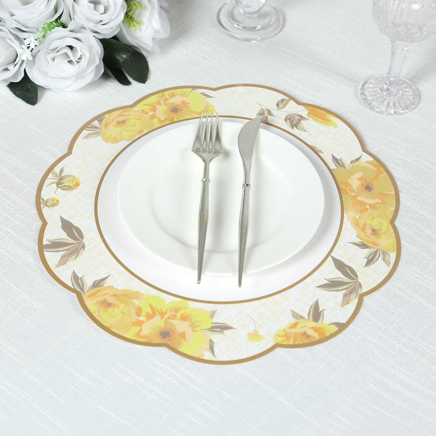 24 Pack Mixed Floral Tea Party Paper Table Mats with Scalloped Rim, 13" Round Disposable Placemats Cardboard Dinner Charger Plates - 400GSM