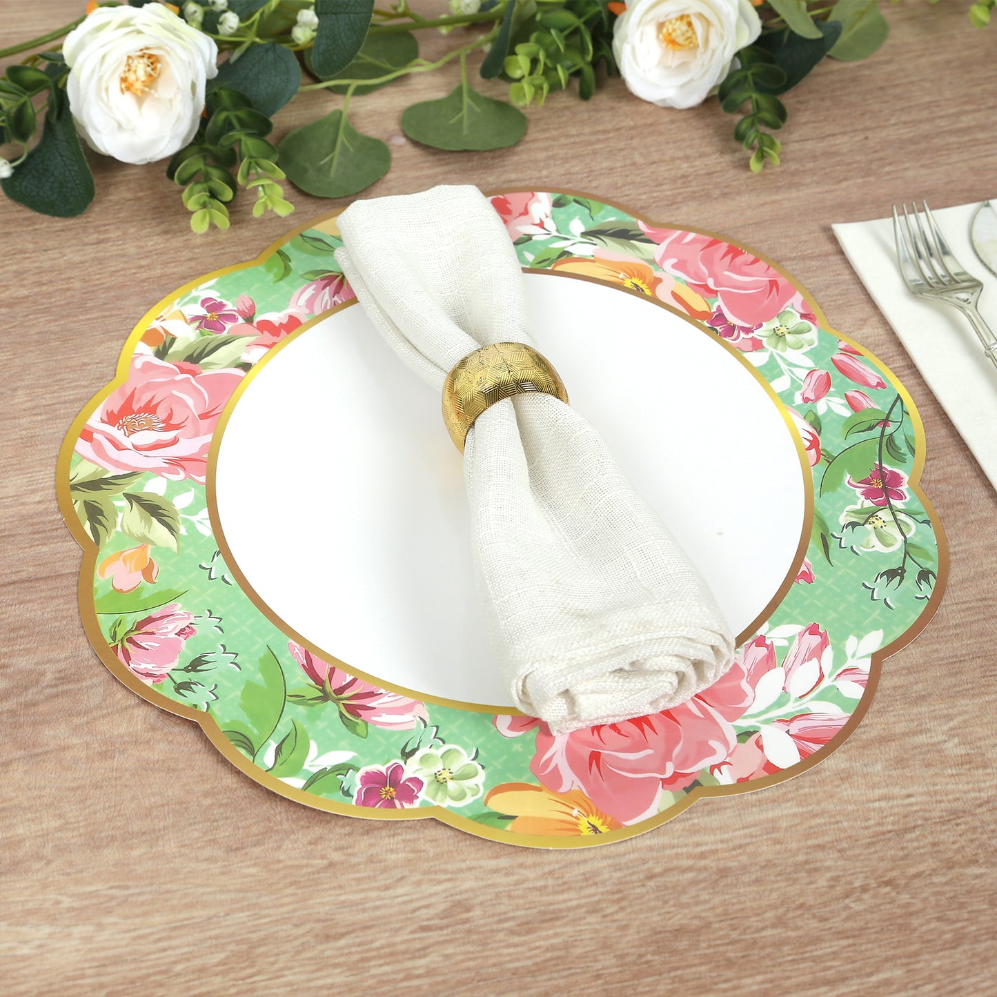 24 Pack Mixed Floral Tea Party Paper Table Mats with Scalloped Rim, 13" Round Disposable Placemats Cardboard Dinner Charger Plates - 400GSM