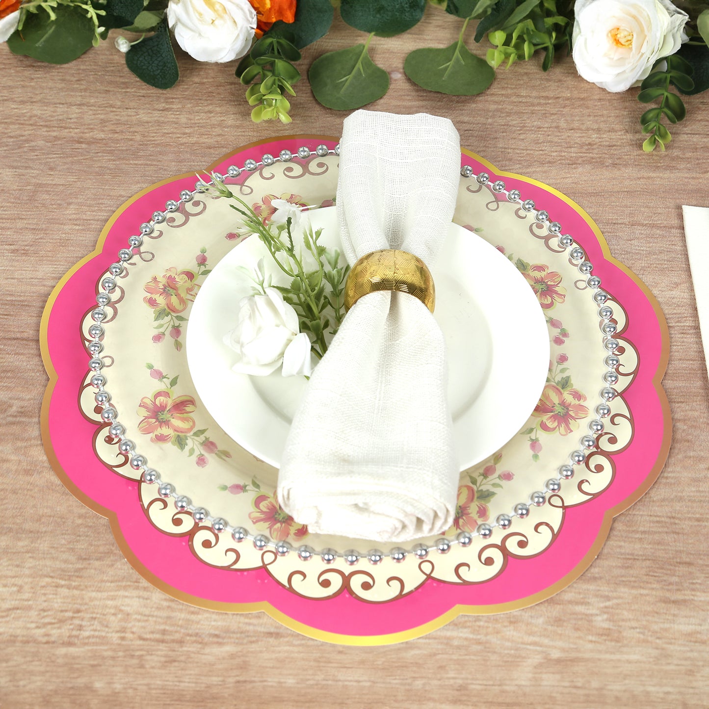 24 Pack Mixed Floral Tea Party Paper Table Mats with Scalloped Rim, 13" Round Disposable Placemats Cardboard Dinner Charger Plates - 400GSM