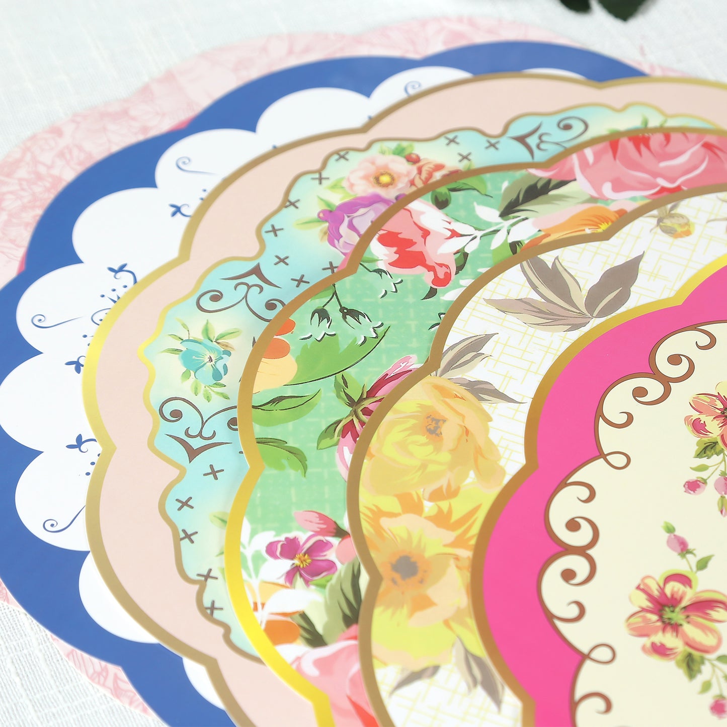 24 Pack Mixed Floral Tea Party Paper Table Mats with Scalloped Rim, 13" Round Disposable Placemats Cardboard Dinner Charger Plates - 400GSM