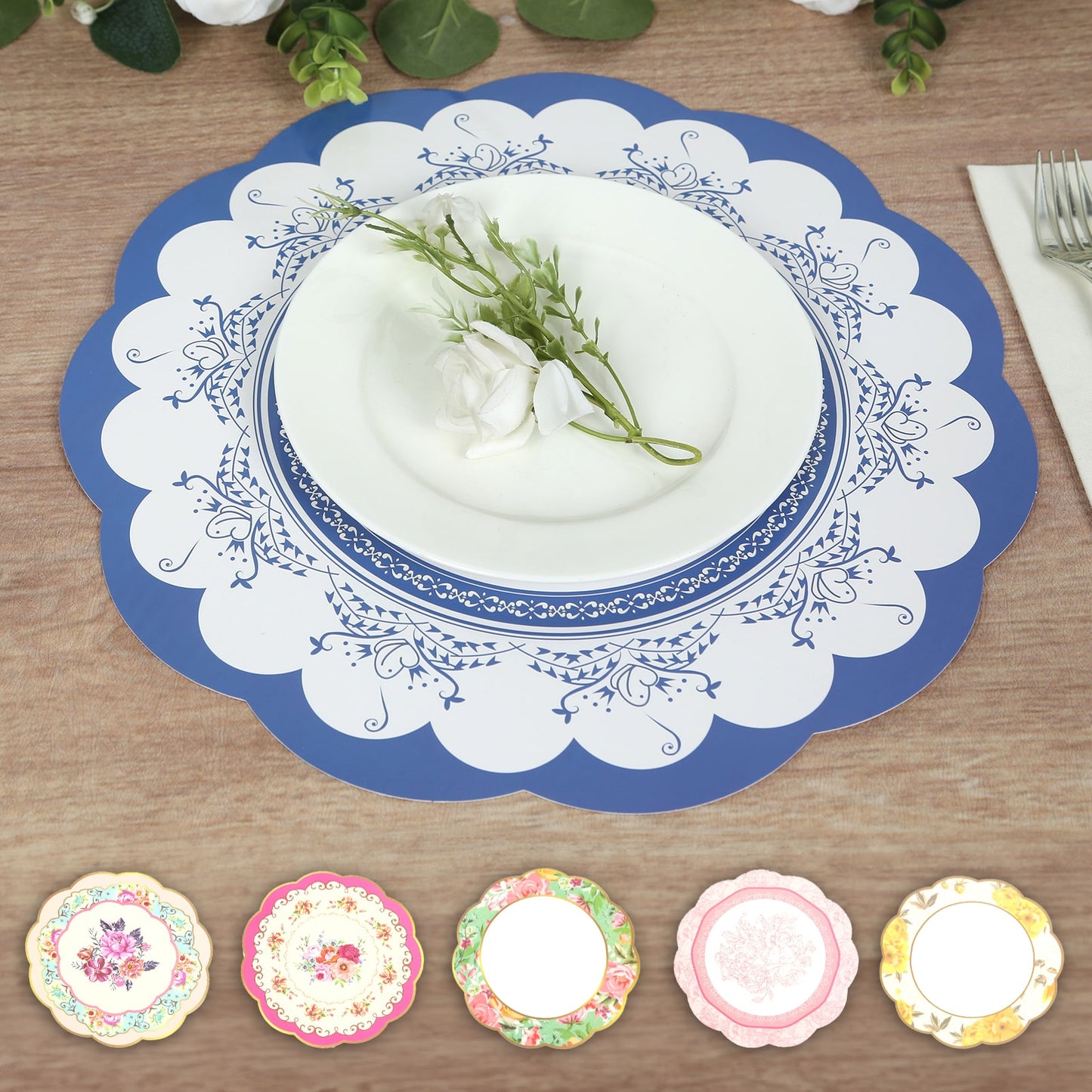 24 Pack Mixed Floral Tea Party Paper Table Mats with Scalloped Rim, 13" Round Disposable Placemats Cardboard Dinner Charger Plates - 400GSM