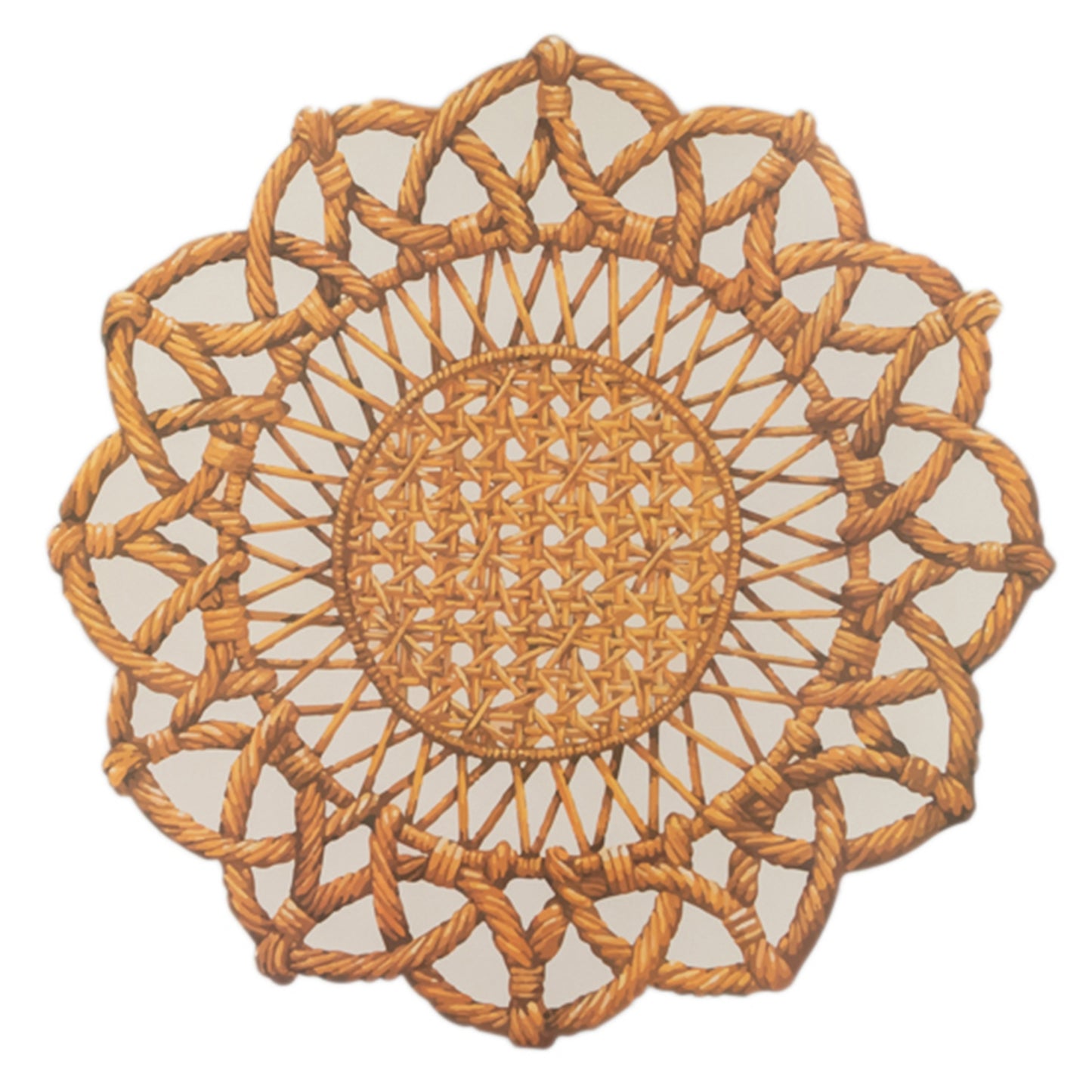 10 Pack Brown Die-Cut Rattan Weave Paper Table Mats, 16" Large Round Floral Disposable Dining Placemats with Scalloped Rim