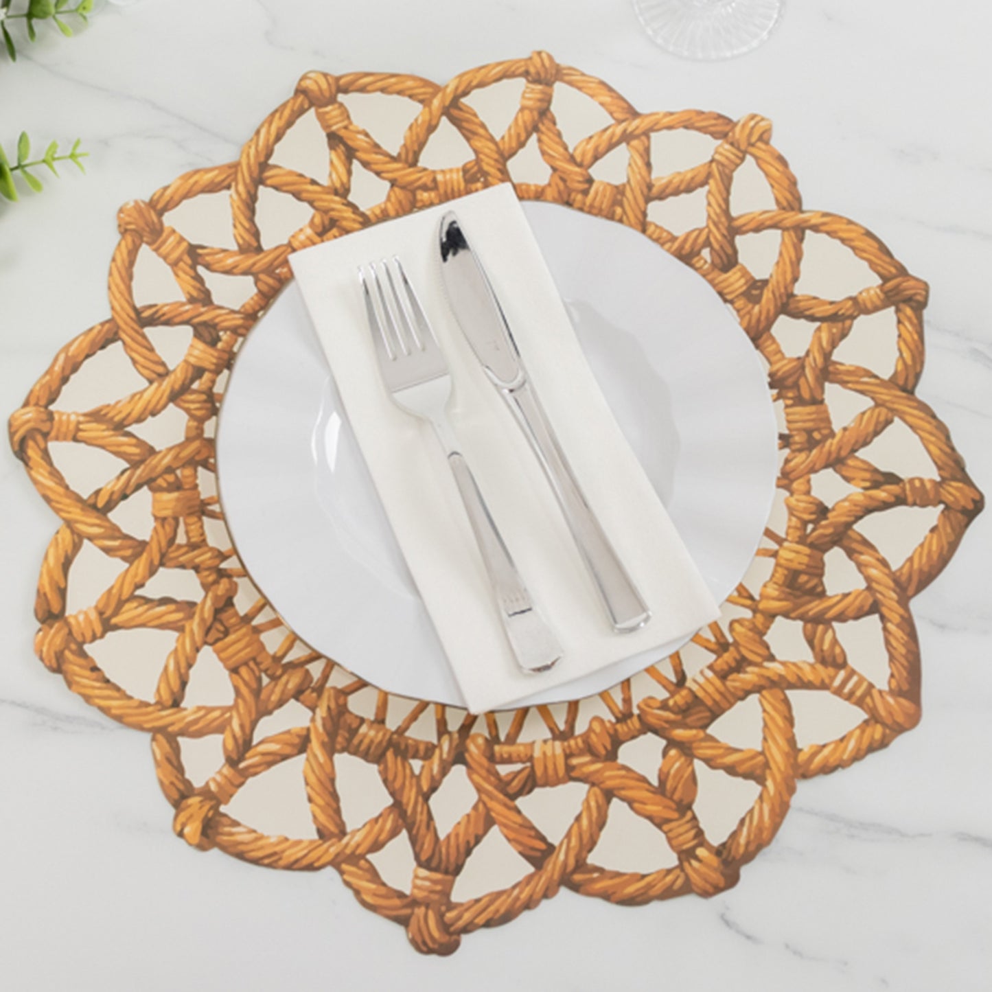 10 Pack Brown Die-Cut Rattan Weave Paper Table Mats, 16" Large Round Floral Disposable Dining Placemats with Scalloped Rim